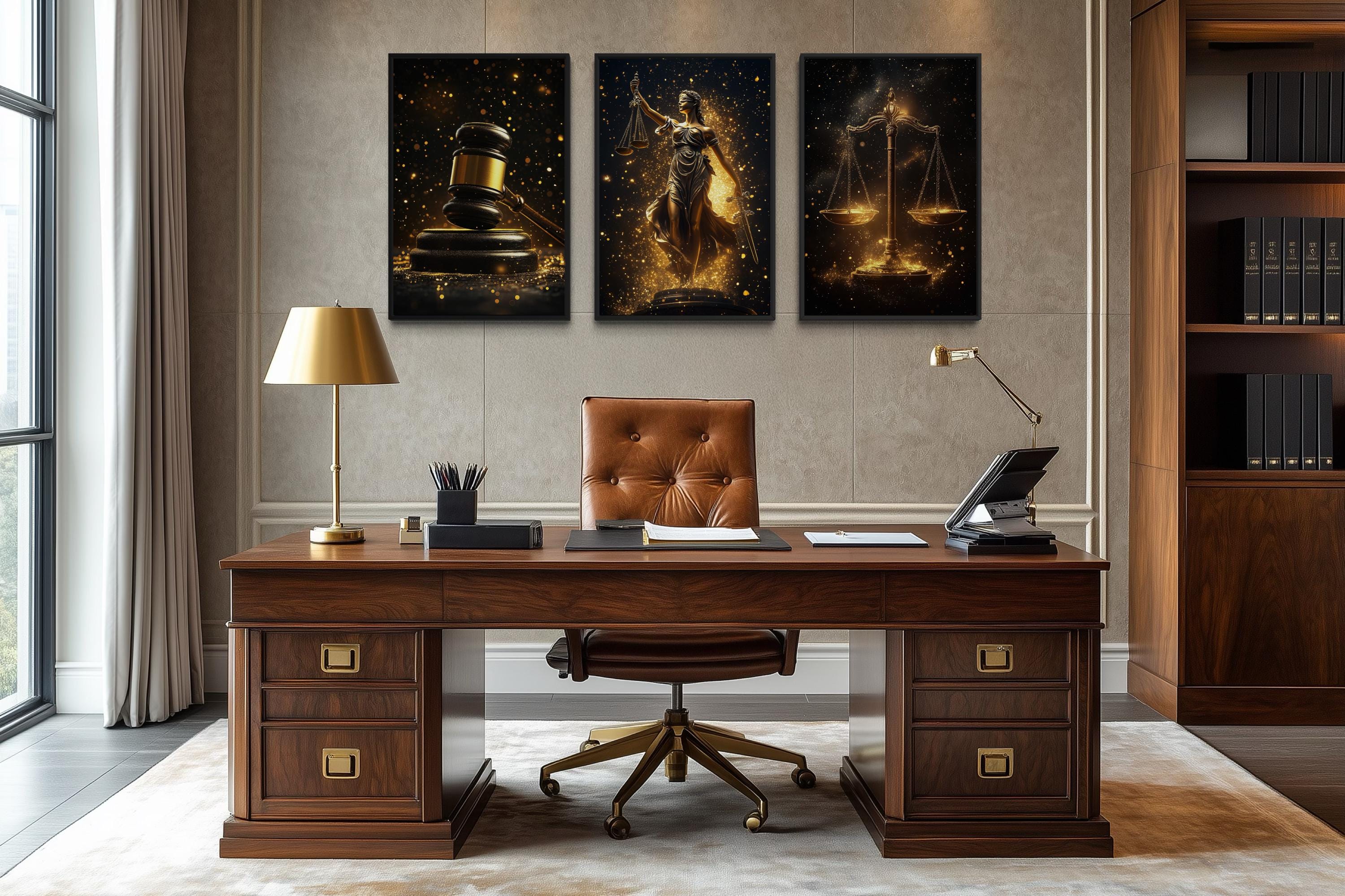 Law Office Wall Art – Black Gold Scales Of Justice Canvas Set With Lady Justice & Judge Gavel