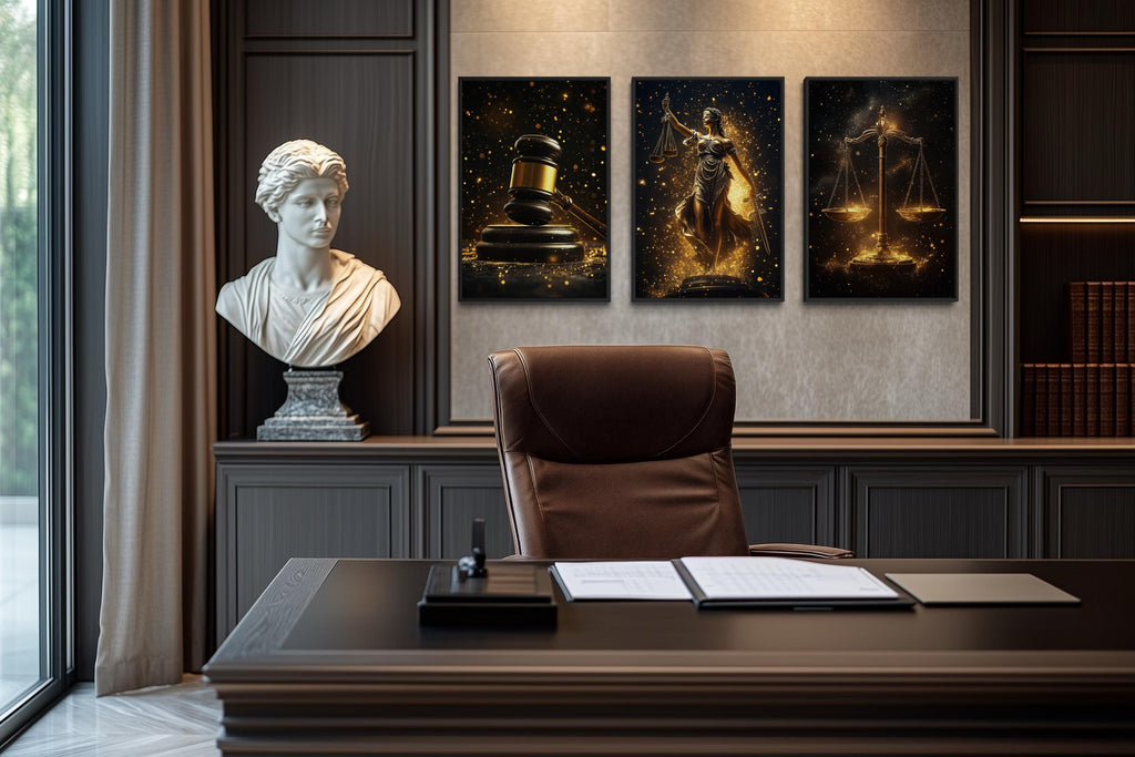 Law Office Wall Art – Black Gold Scales Of Justice Canvas Set With Lady Justice & Judge Gavel