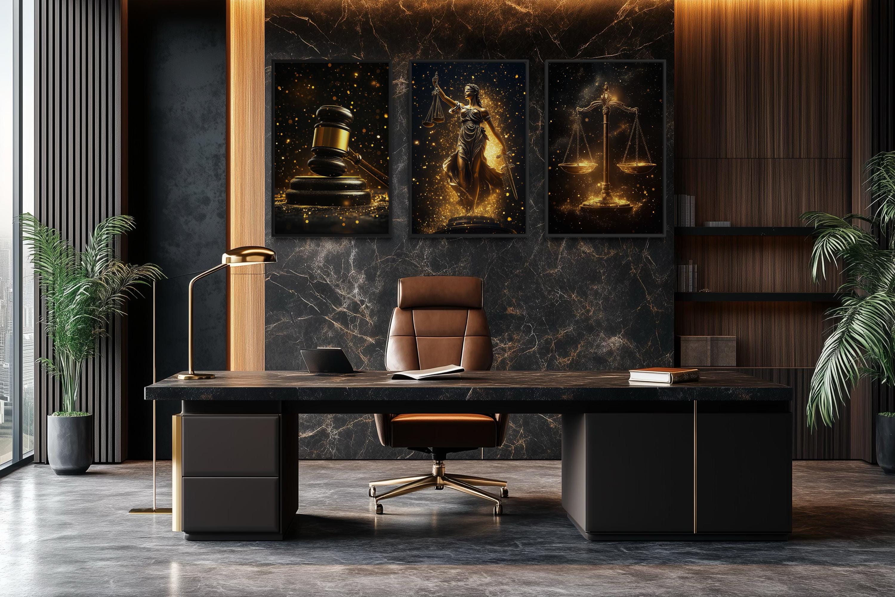 Law Office Wall Art – Black Gold Scales Of Justice Canvas Set With Lady Justice & Judge Gavel