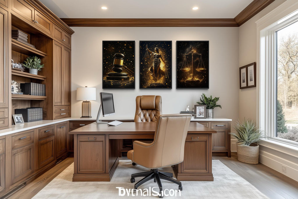 Law Office Wall Art – Black Gold Scales Of Justice Canvas Set With Lady Justice & Judge Gavel