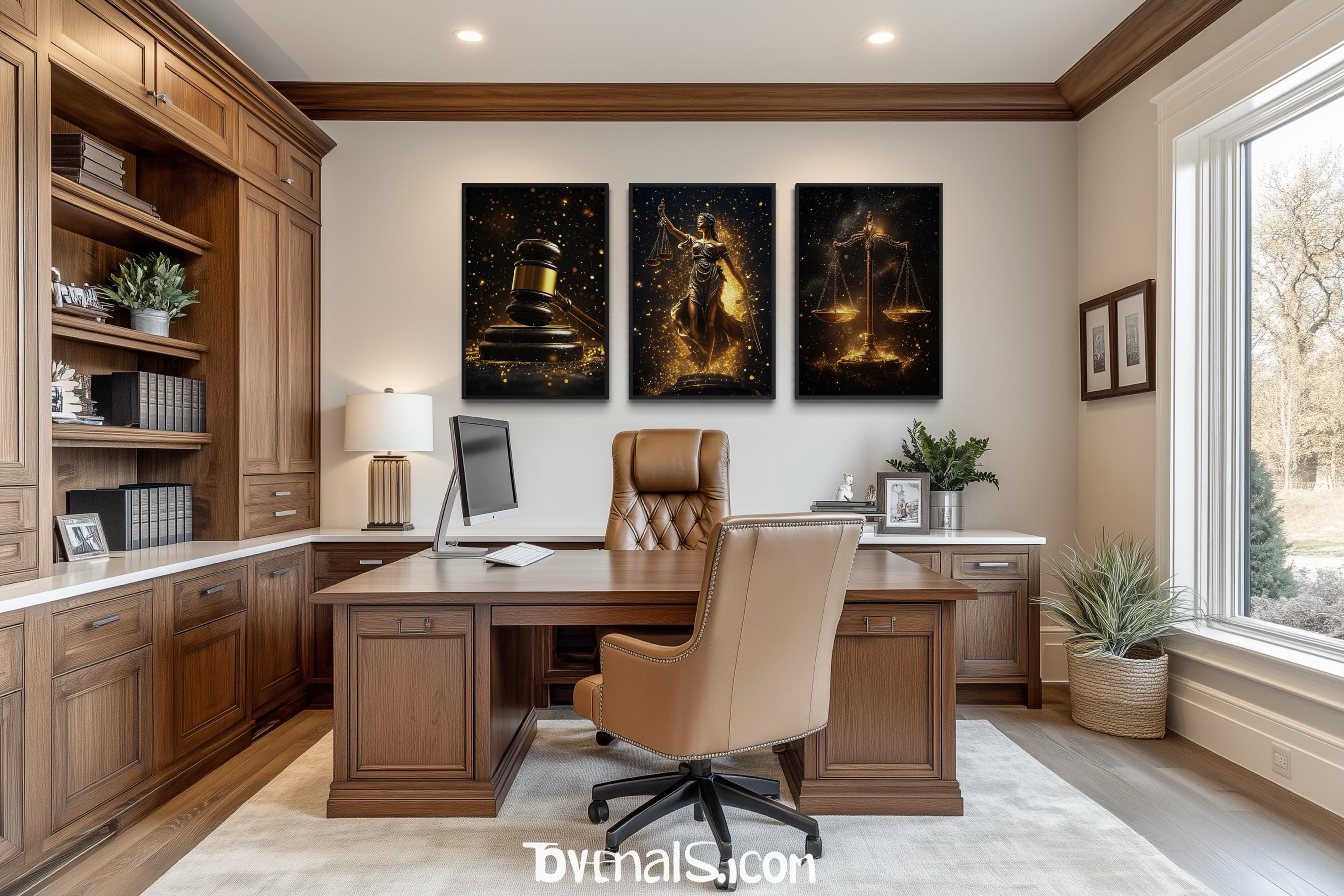 Law Office Wall Art – Black Gold Scales Of Justice Canvas Set With Lady Justice & Judge Gavel