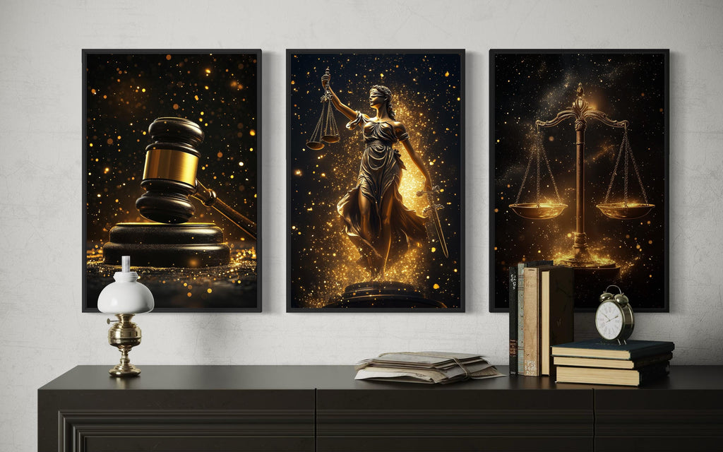 Law Office Wall Art – Black Gold Scales Of Justice Canvas Set With Lady Justice & Judge Gavel