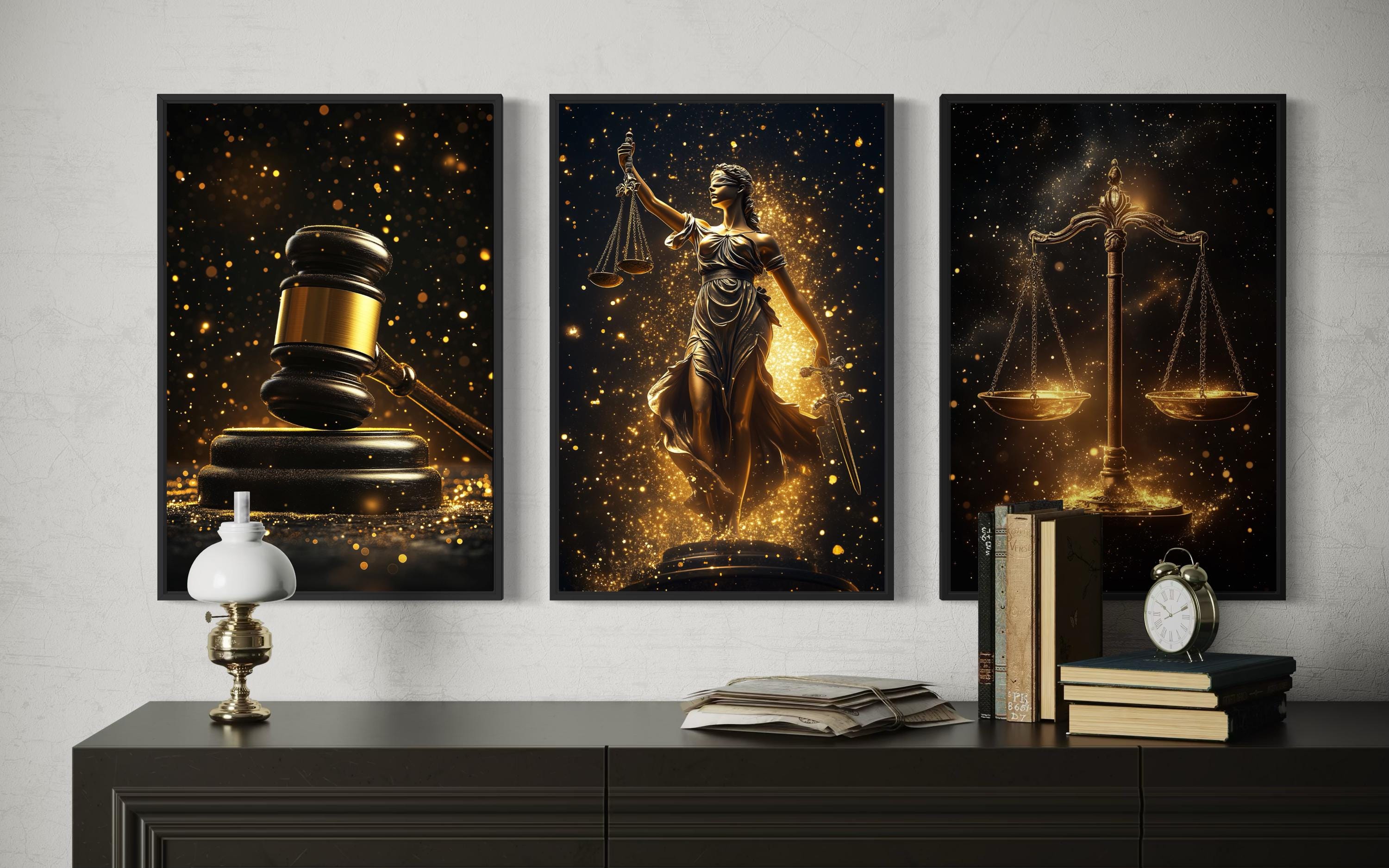 Law Office Wall Art – Black Gold Scales Of Justice Canvas Set With Lady Justice & Judge Gavel