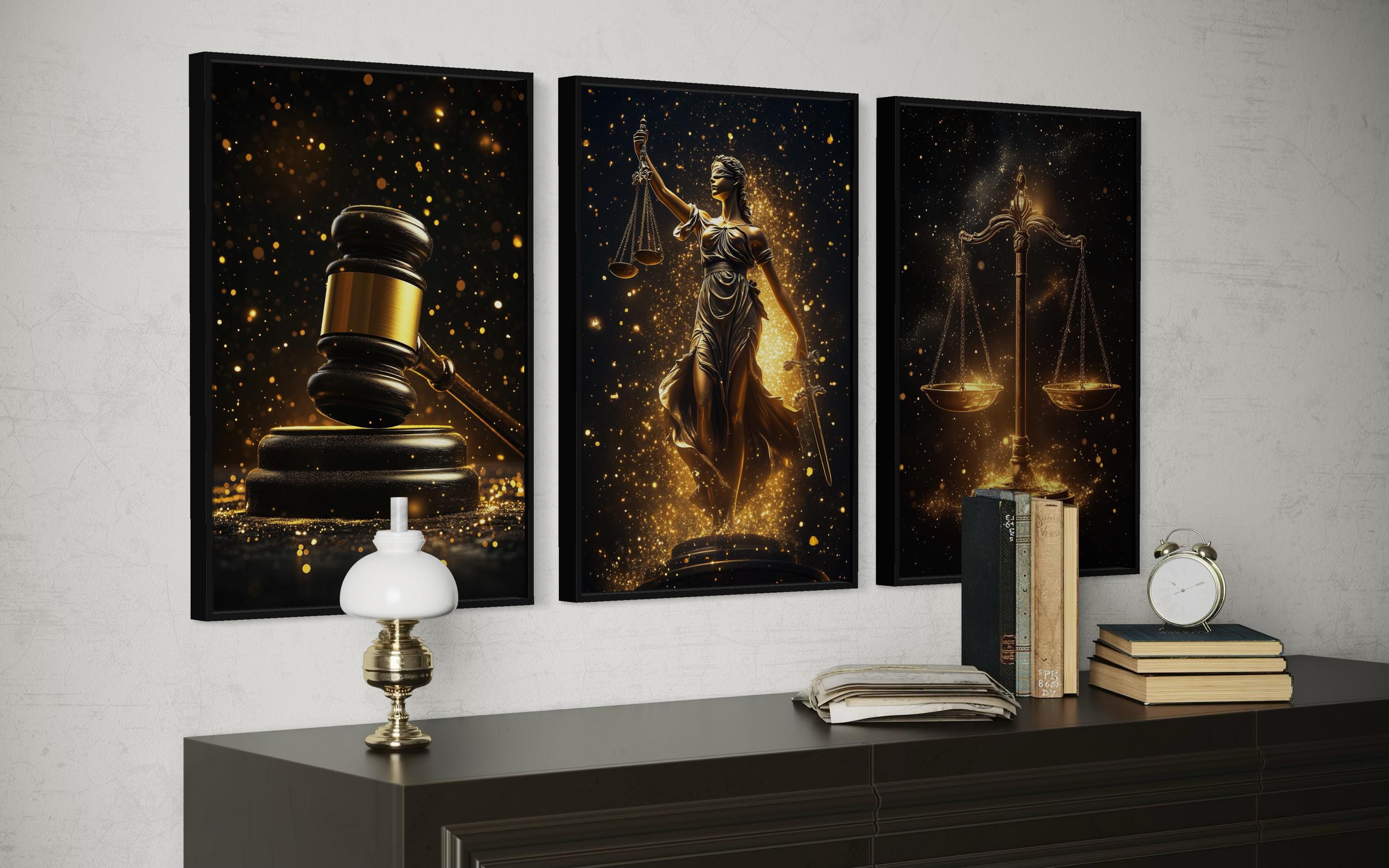 Law Office Wall Art – Black Gold Scales Of Justice Canvas Set With Lady Justice & Judge Gavel