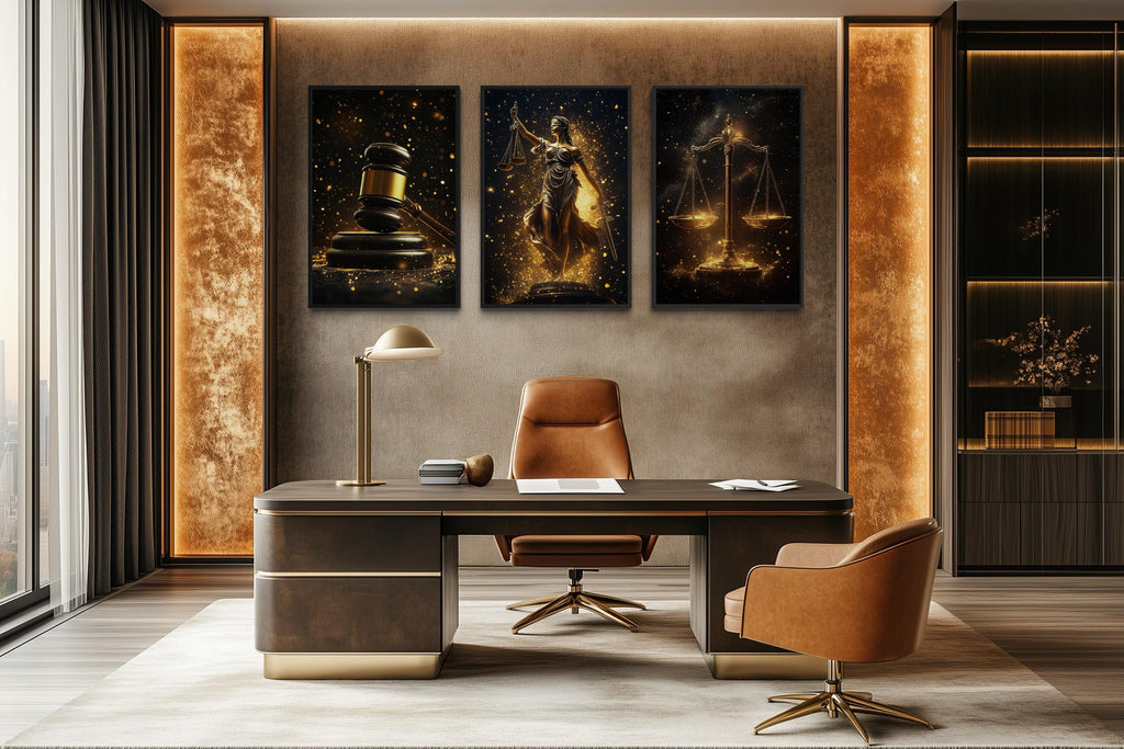 Law Office Wall Art – Black Gold Scales Of Justice Canvas Set With Lady Justice & Judge Gavel