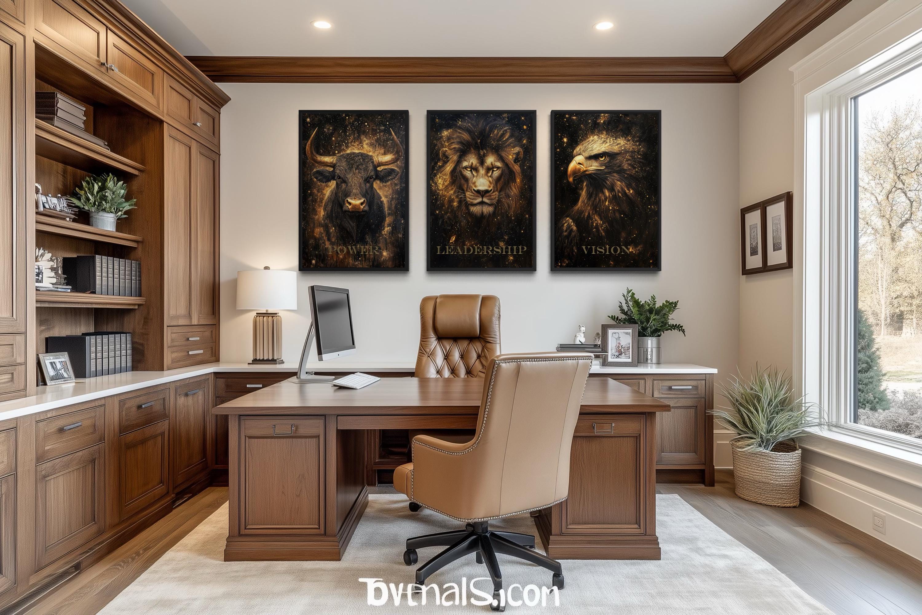 Leadership Wall Art – Motivational Lion Bull Eagle Office Canvas Set for Executive Workspace