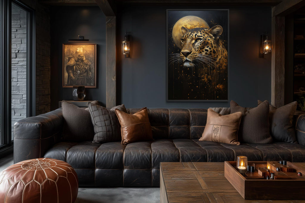 Leopard Wall Art | Moody Wildlife Canvas Print - Gold Black Big Cat Decor