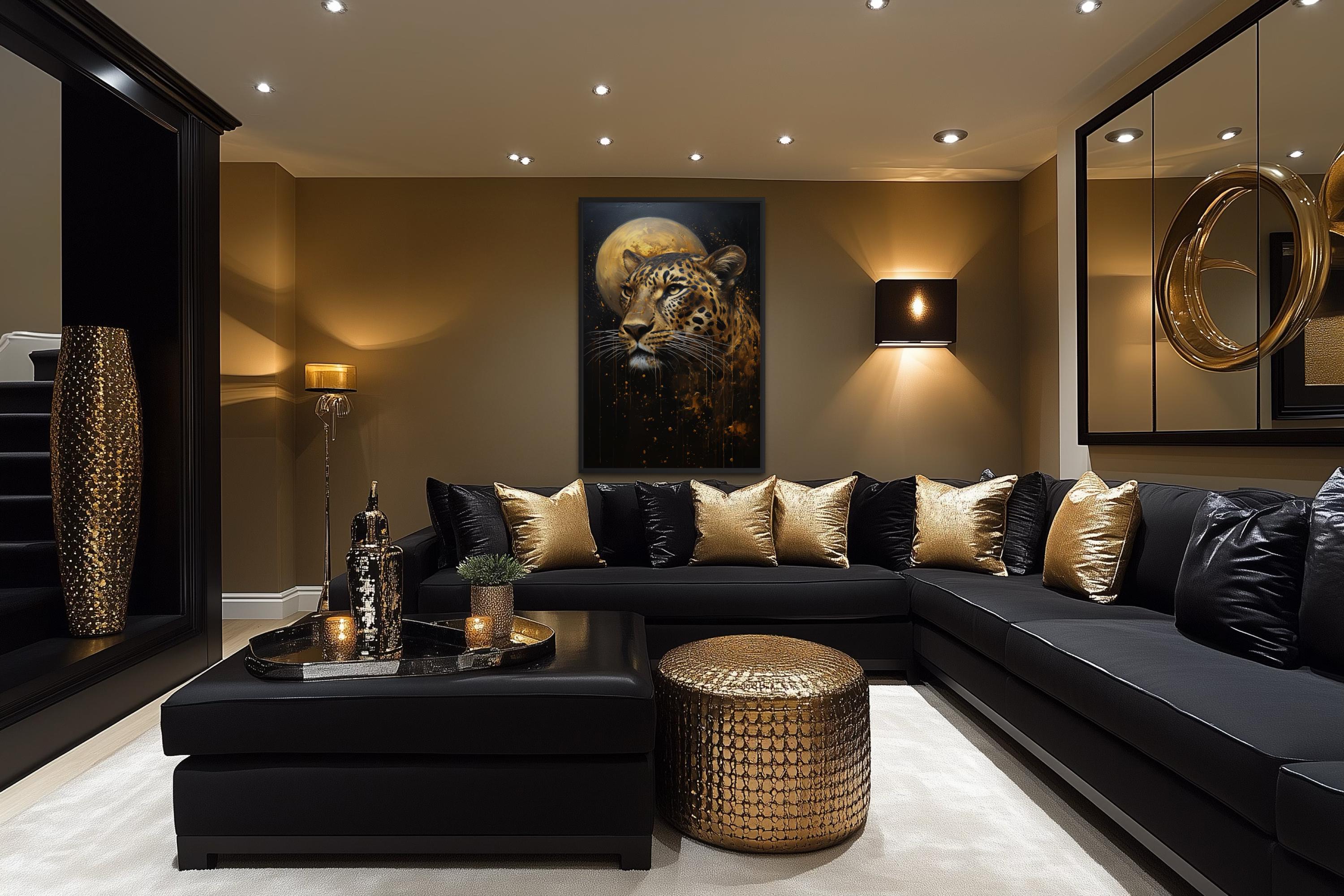 Leopard Wall Art | Moody Wildlife Canvas Print - Gold Black Big Cat Decor