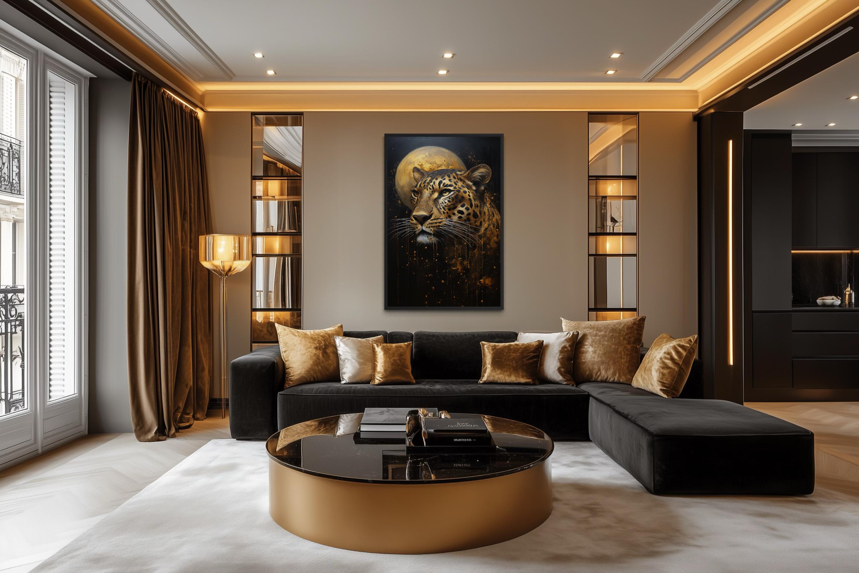 Leopard Wall Art | Moody Wildlife Canvas Print - Gold Black Big Cat Decor