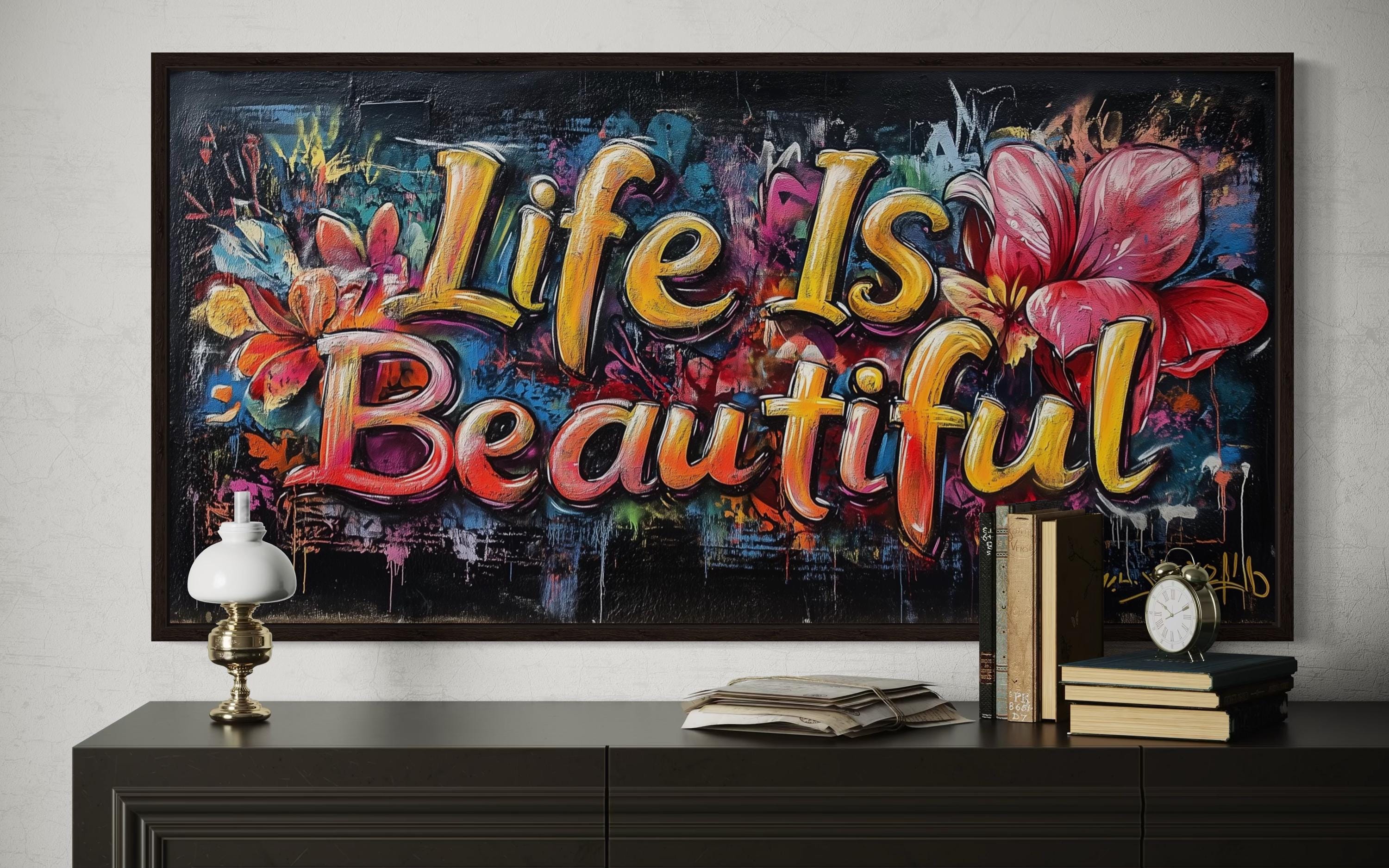 Life Is Beautiful Graffiti  Framed Canvas Wall Art