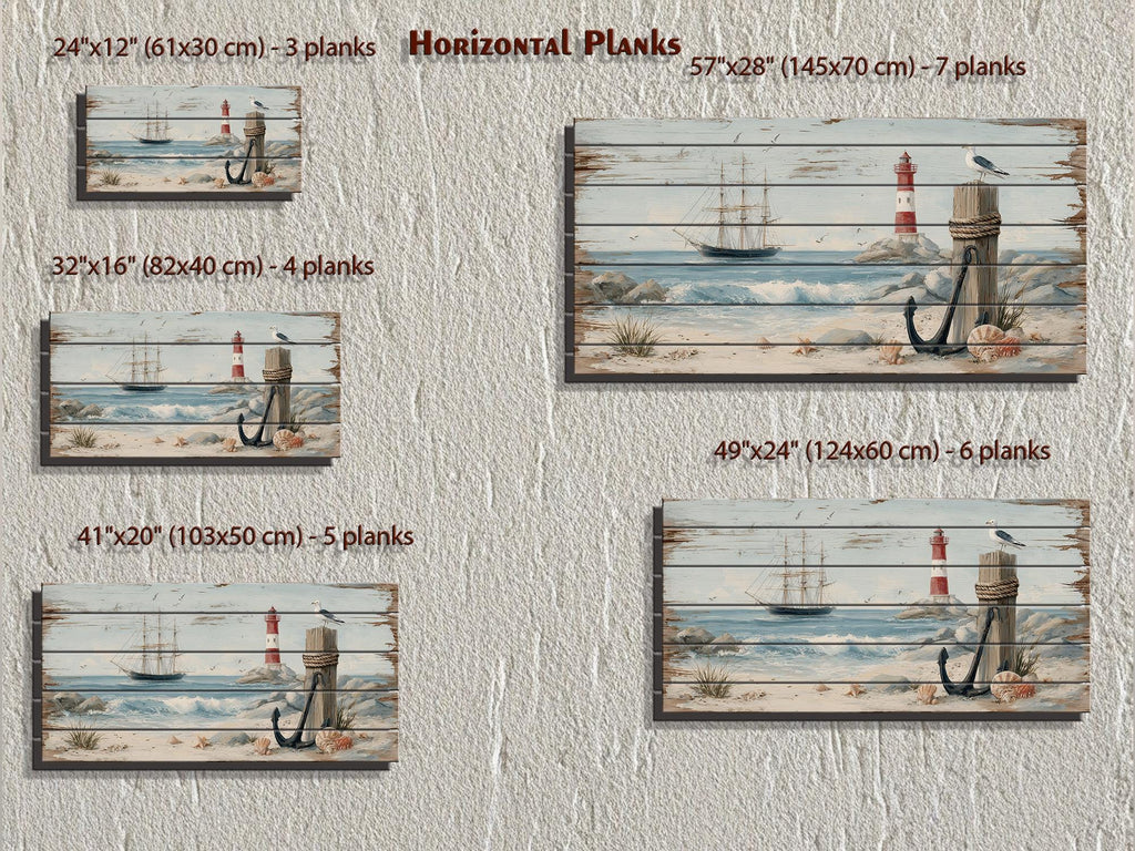 Lighthouse and Sailboat Scene Distressed Wood Wall Art With Anchor And Seagull