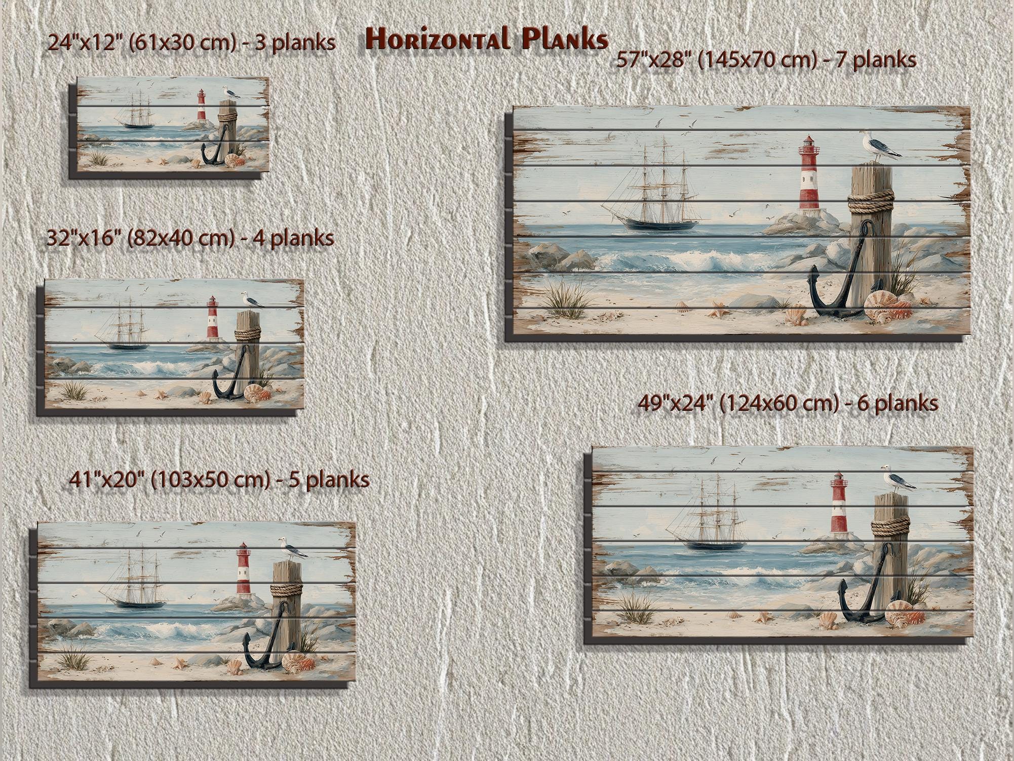Lighthouse and Sailboat Scene Distressed Wood Wall Art With Anchor And Seagull