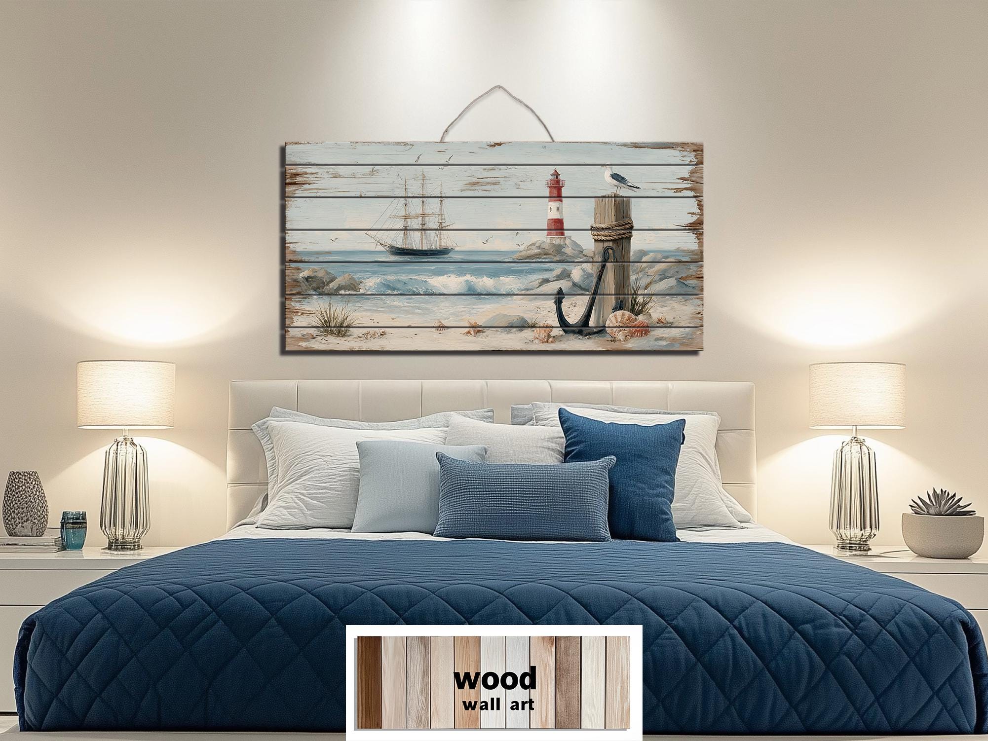 Lighthouse and Sailboat Scene Distressed Wood Wall Art With Anchor And Seagull