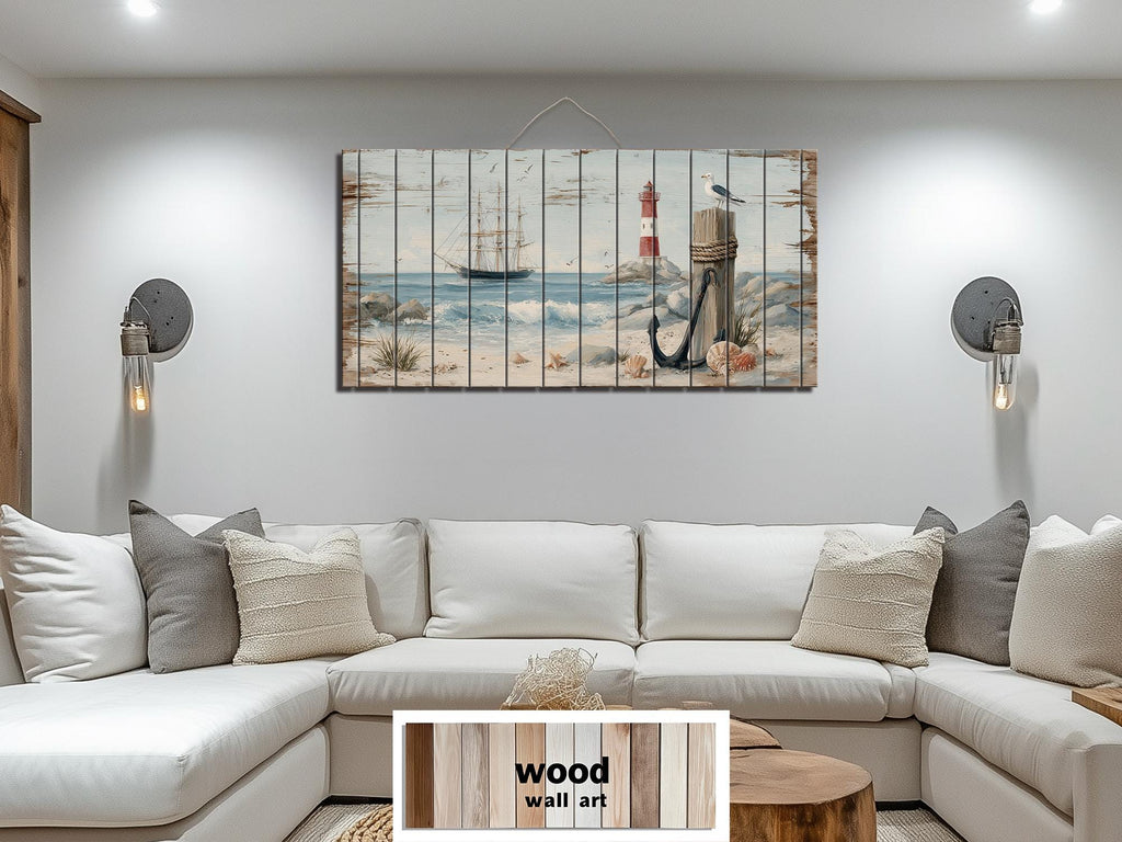 Lighthouse and Sailboat Scene Distressed Wood Wall Art With Anchor And Seagull