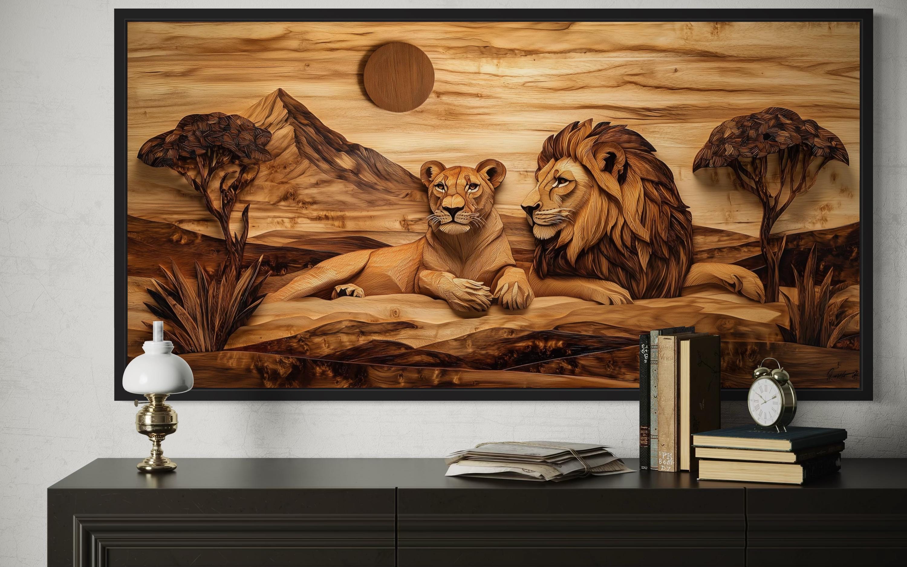 Lion And Lioness Couple In African Safari Wood Texture Painting Canvas Print
