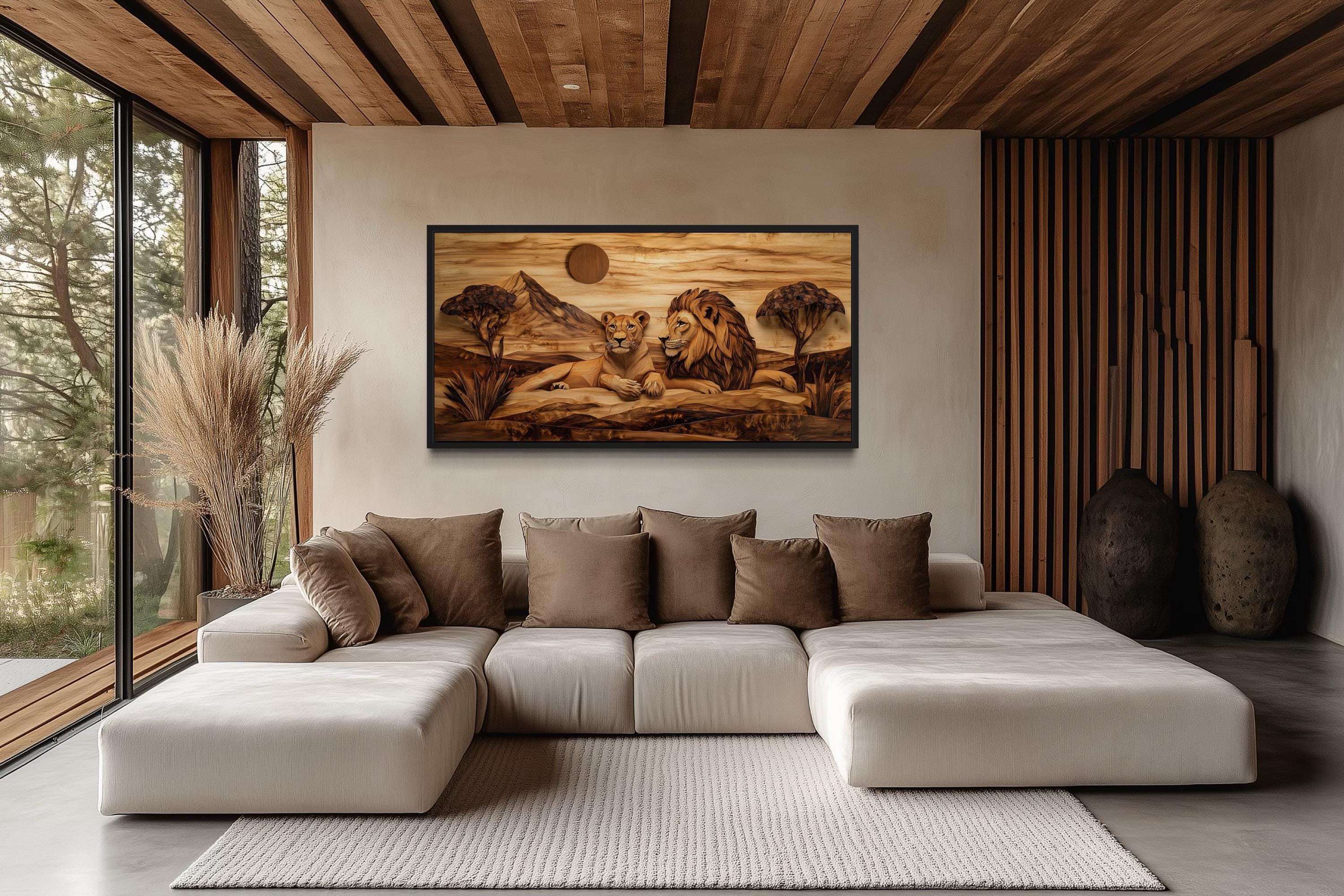 Lion And Lioness Couple In African Safari Wood Texture Painting Canvas Print
