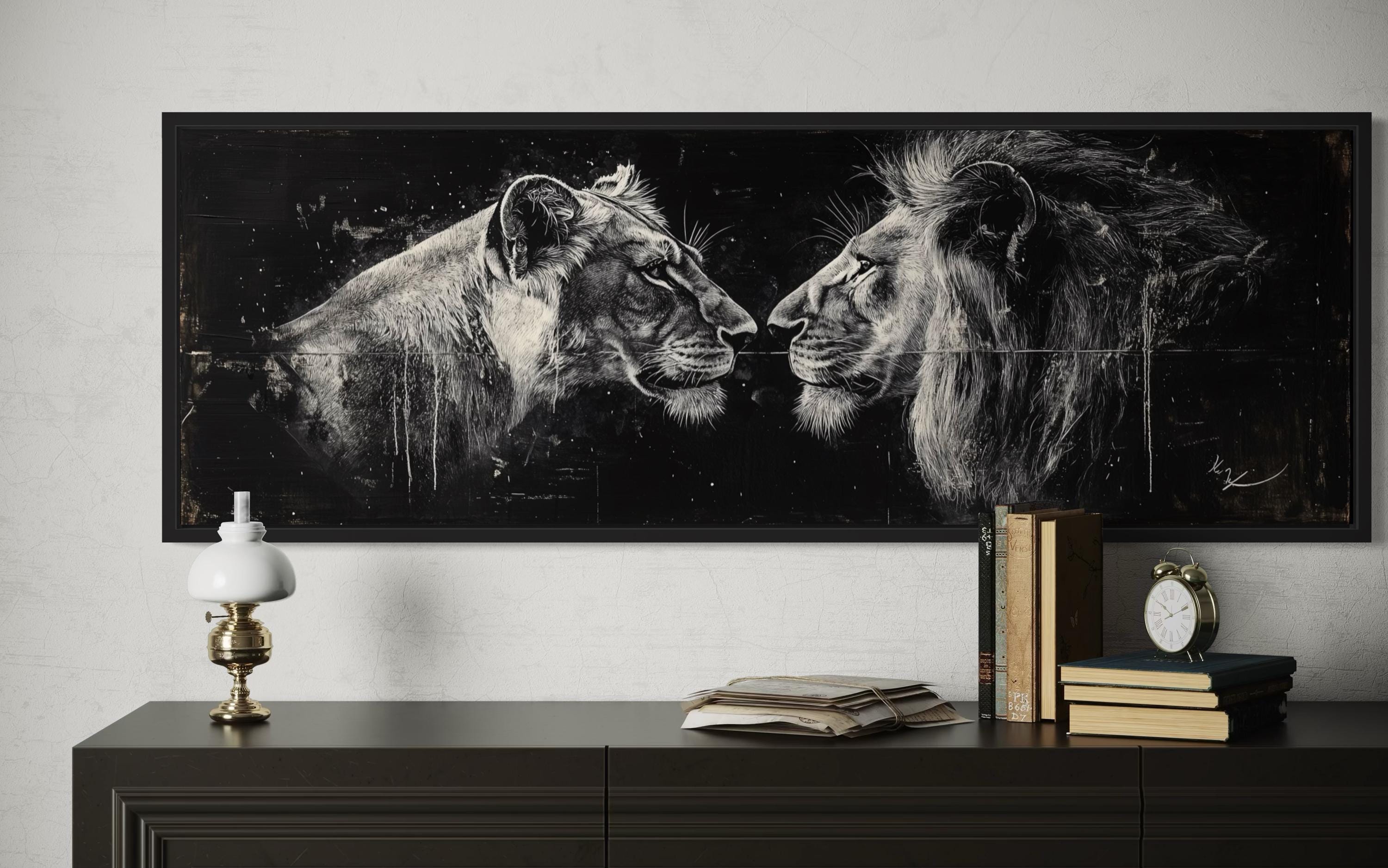 Lion And Lioness Long Horizontal Black White Romantic Bedroom Wall Art