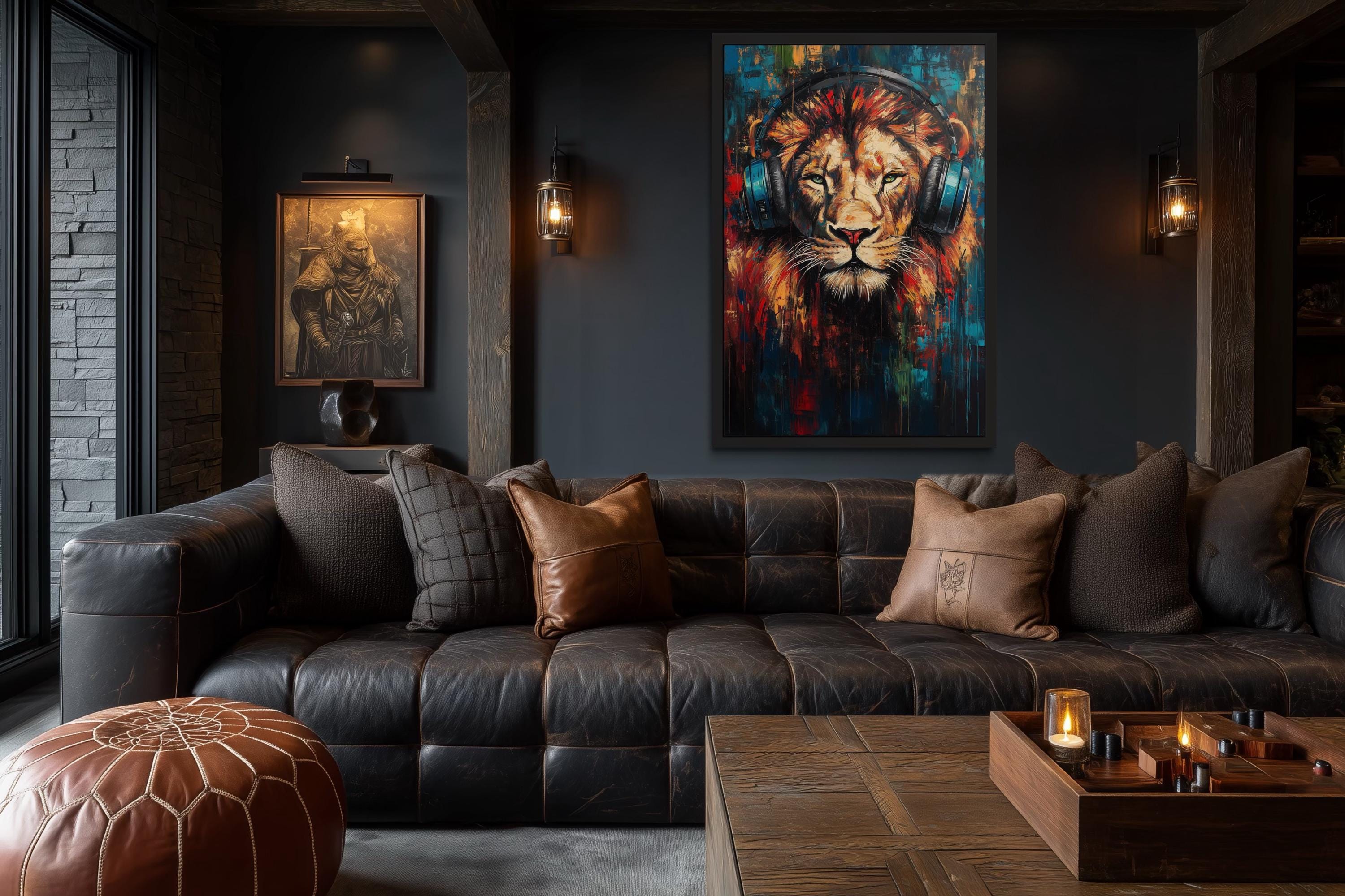 Lion DJ With Headphones Framed Wall Art For Man Cave