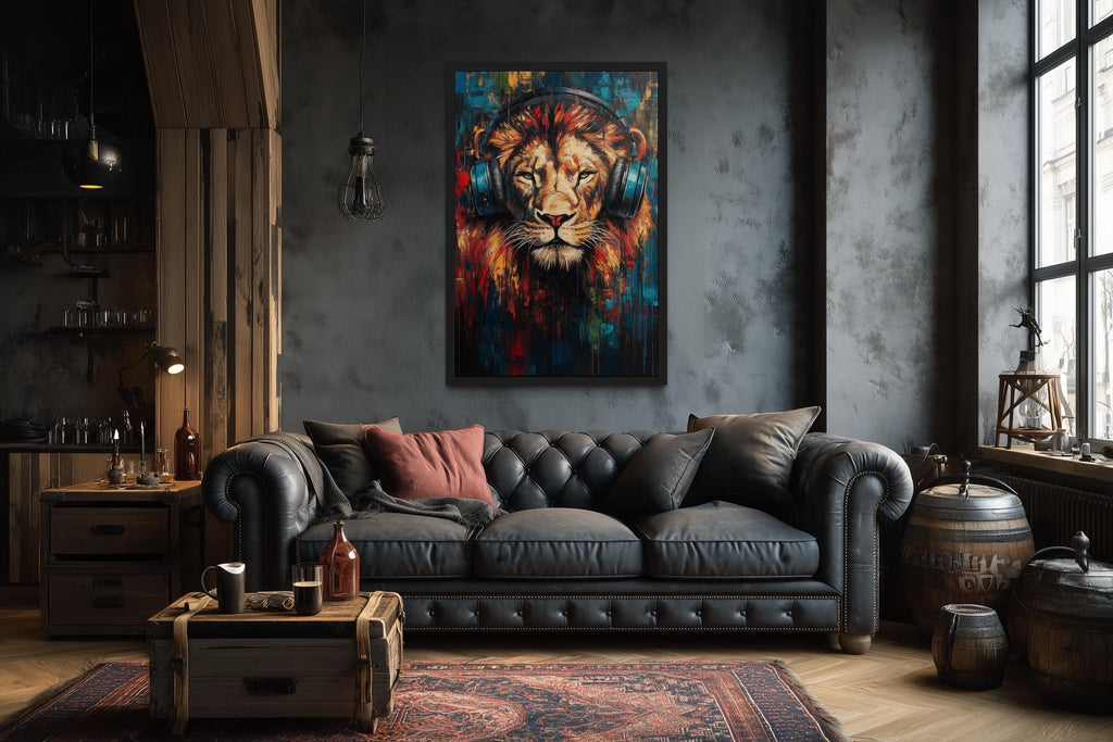 Lion DJ With Headphones Framed Wall Art For Man Cave