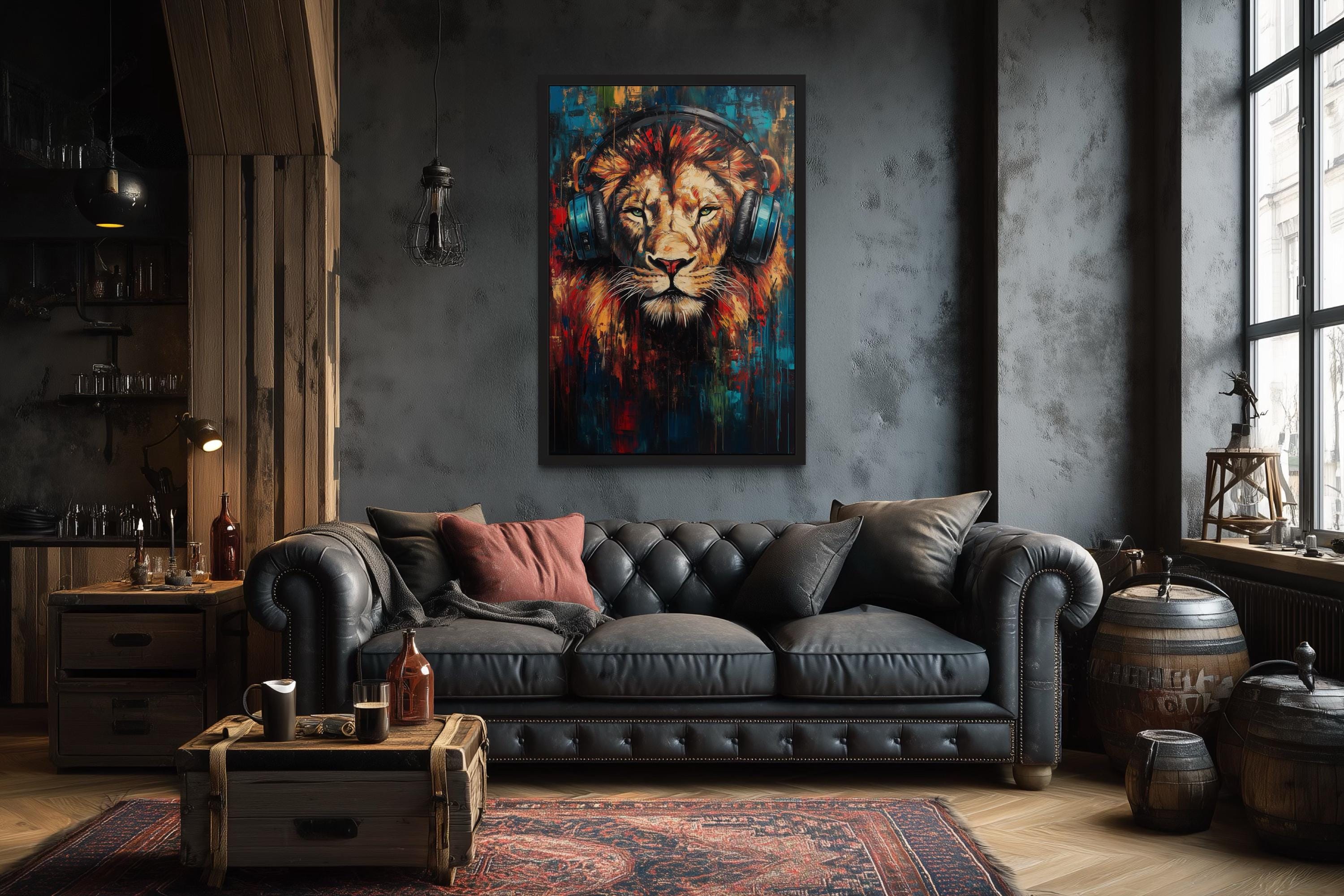 Lion DJ With Headphones Framed Wall Art For Man Cave