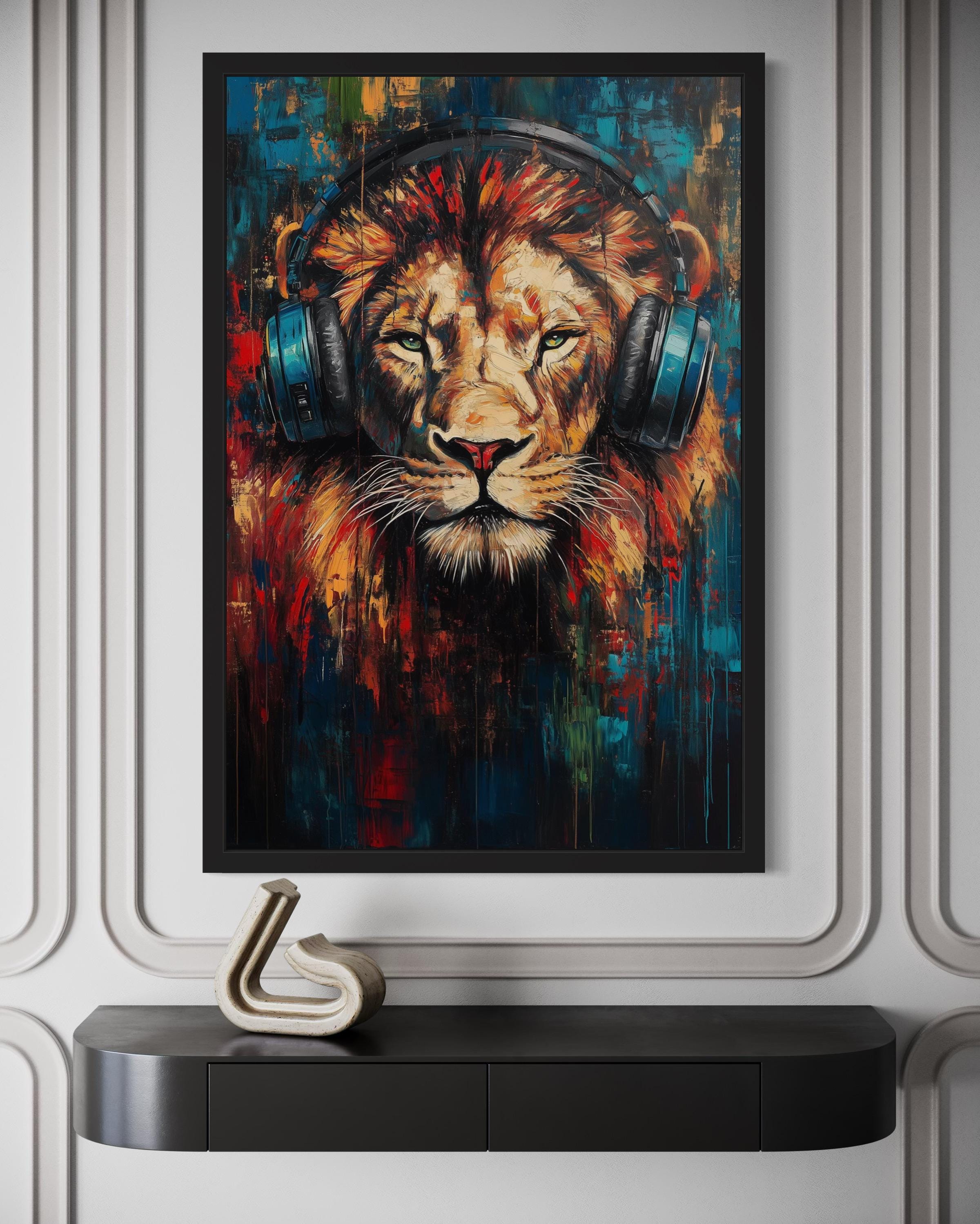 Lion DJ With Headphones Framed Wall Art For Man Cave