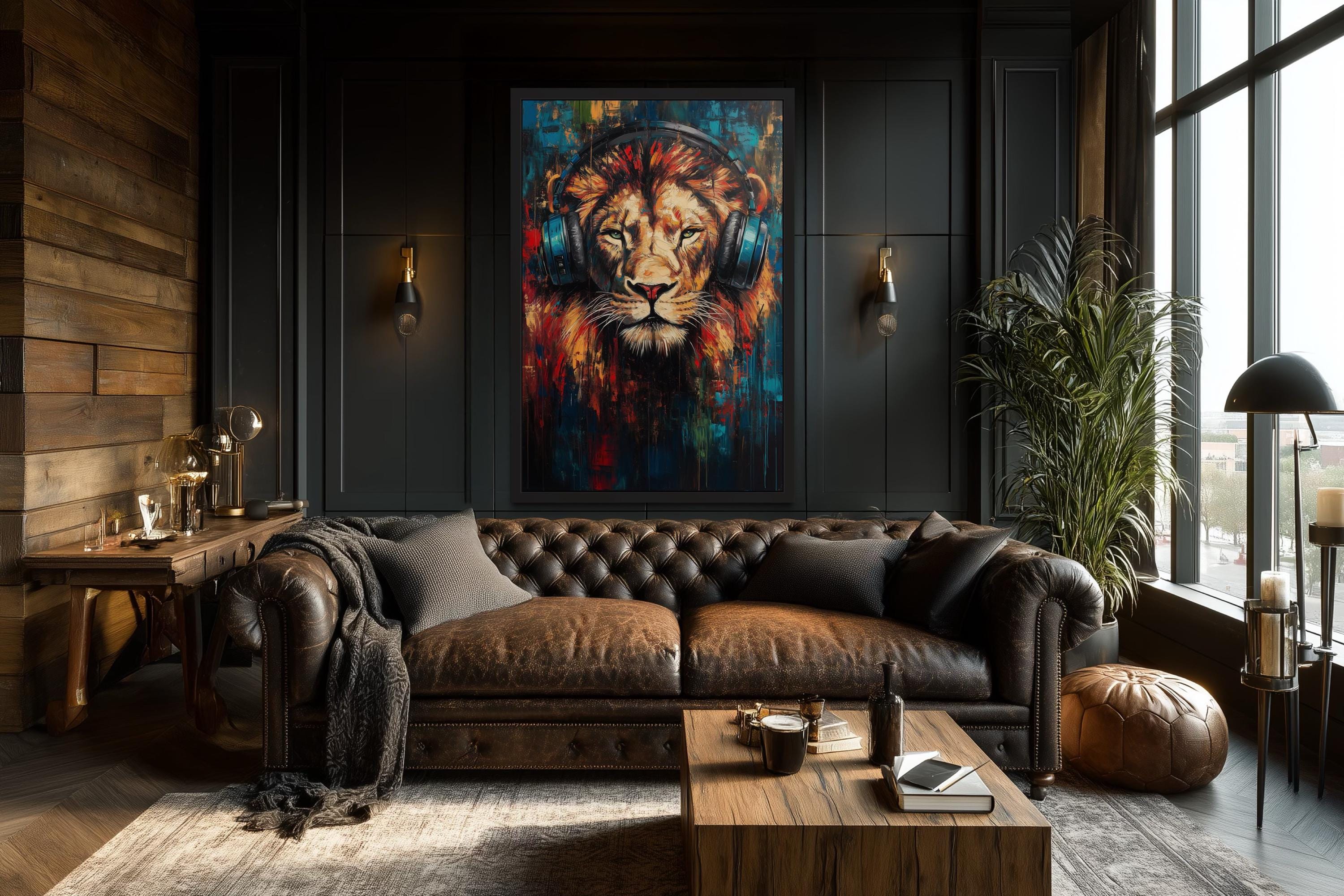 Lion DJ With Headphones Framed Wall Art For Man Cave