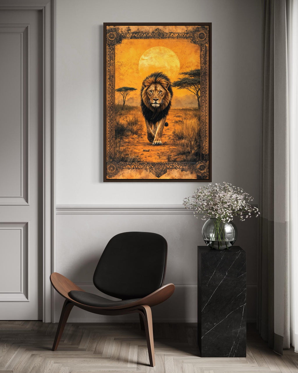 Lion In African Savanna At Sunset Canvas Wall Art