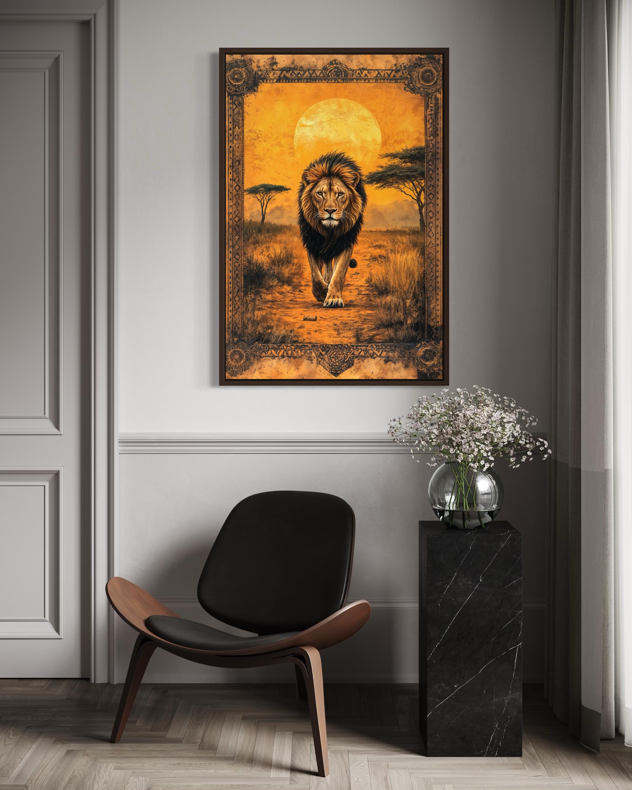 Lion In African Savanna At Sunset Canvas Wall Art