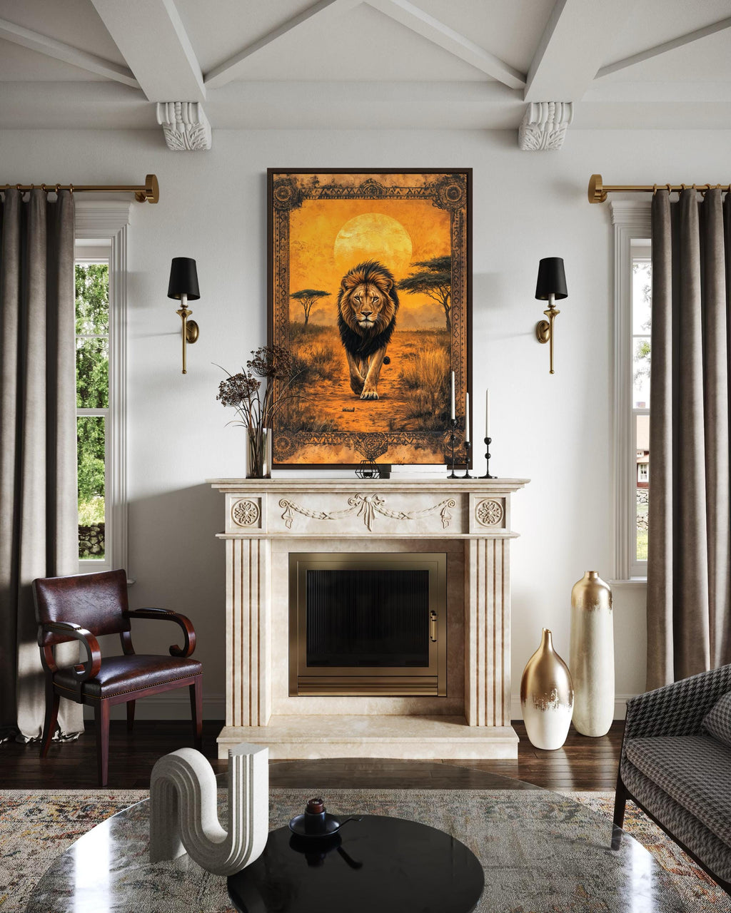 Lion In African Savanna At Sunset Canvas Wall Art