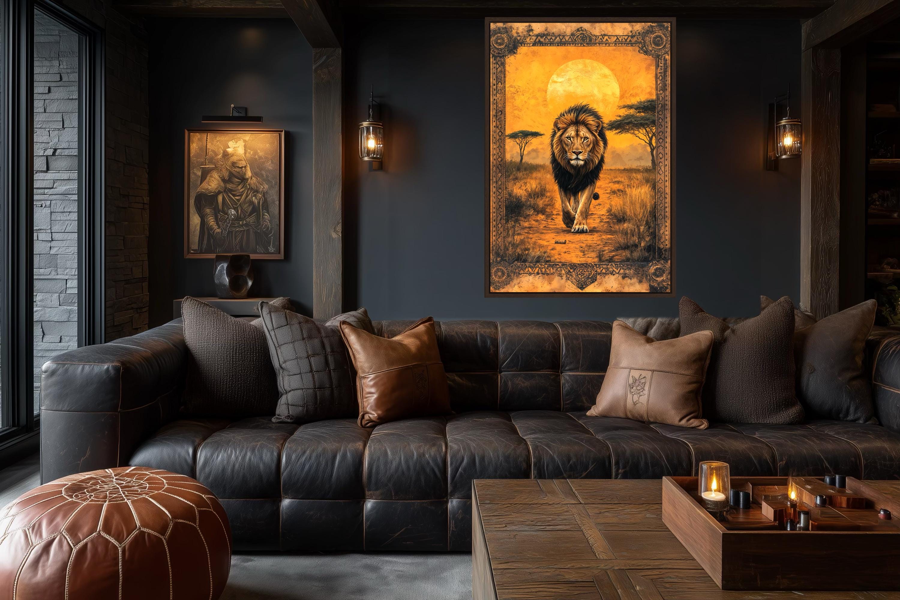 Lion In African Savanna At Sunset Canvas Wall Art