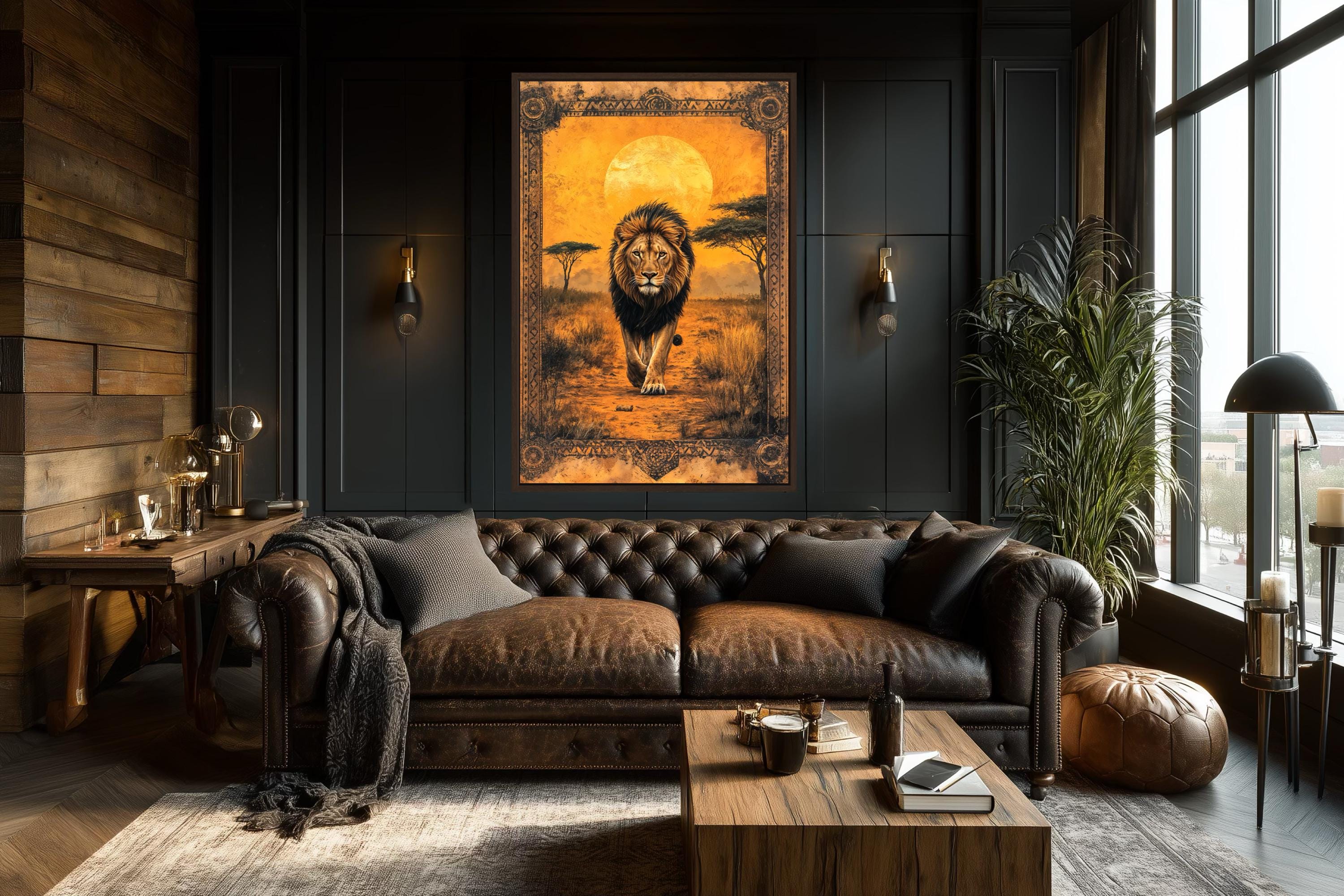 Lion In African Savanna At Sunset Canvas Wall Art