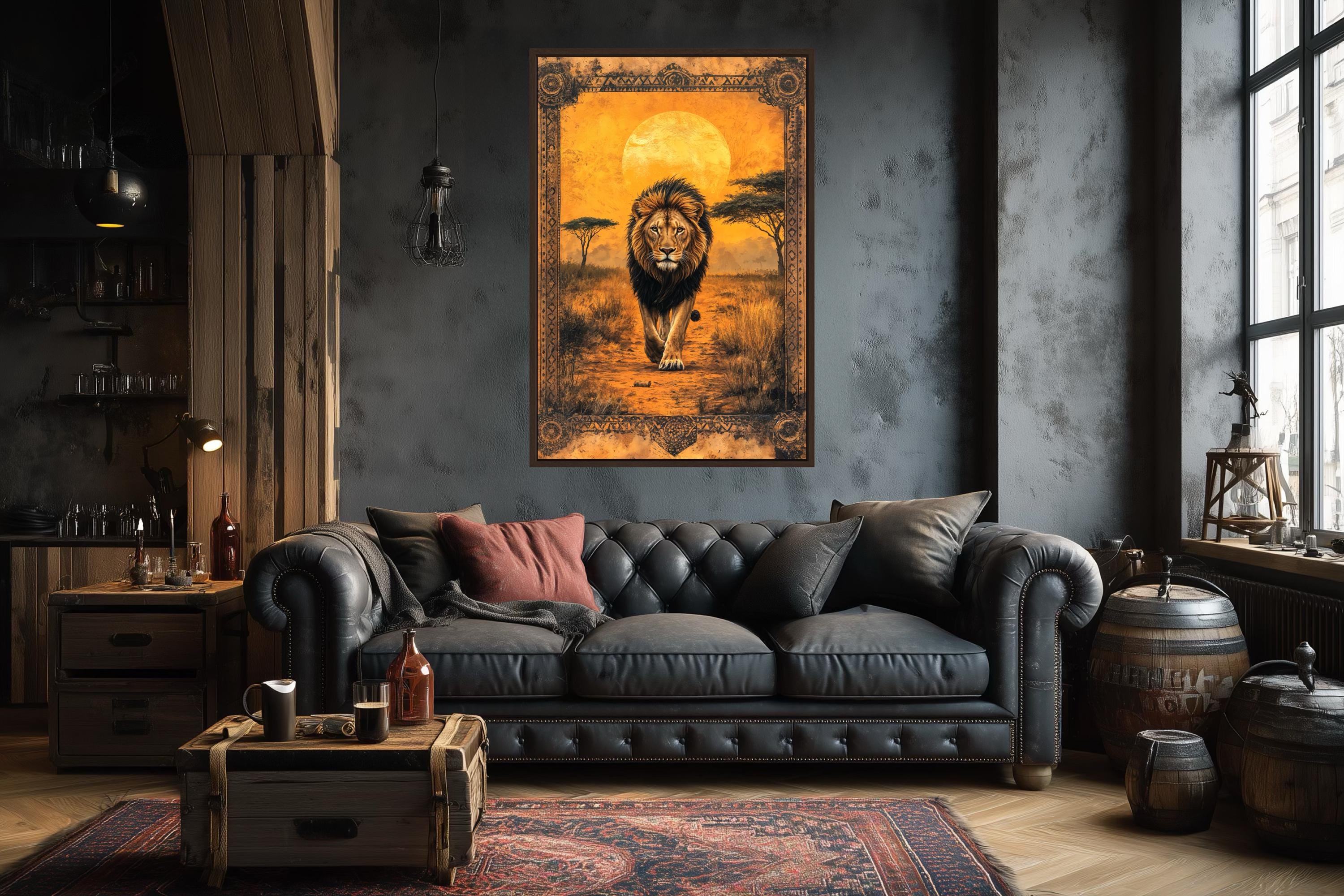 Lion In African Savanna At Sunset Canvas Wall Art