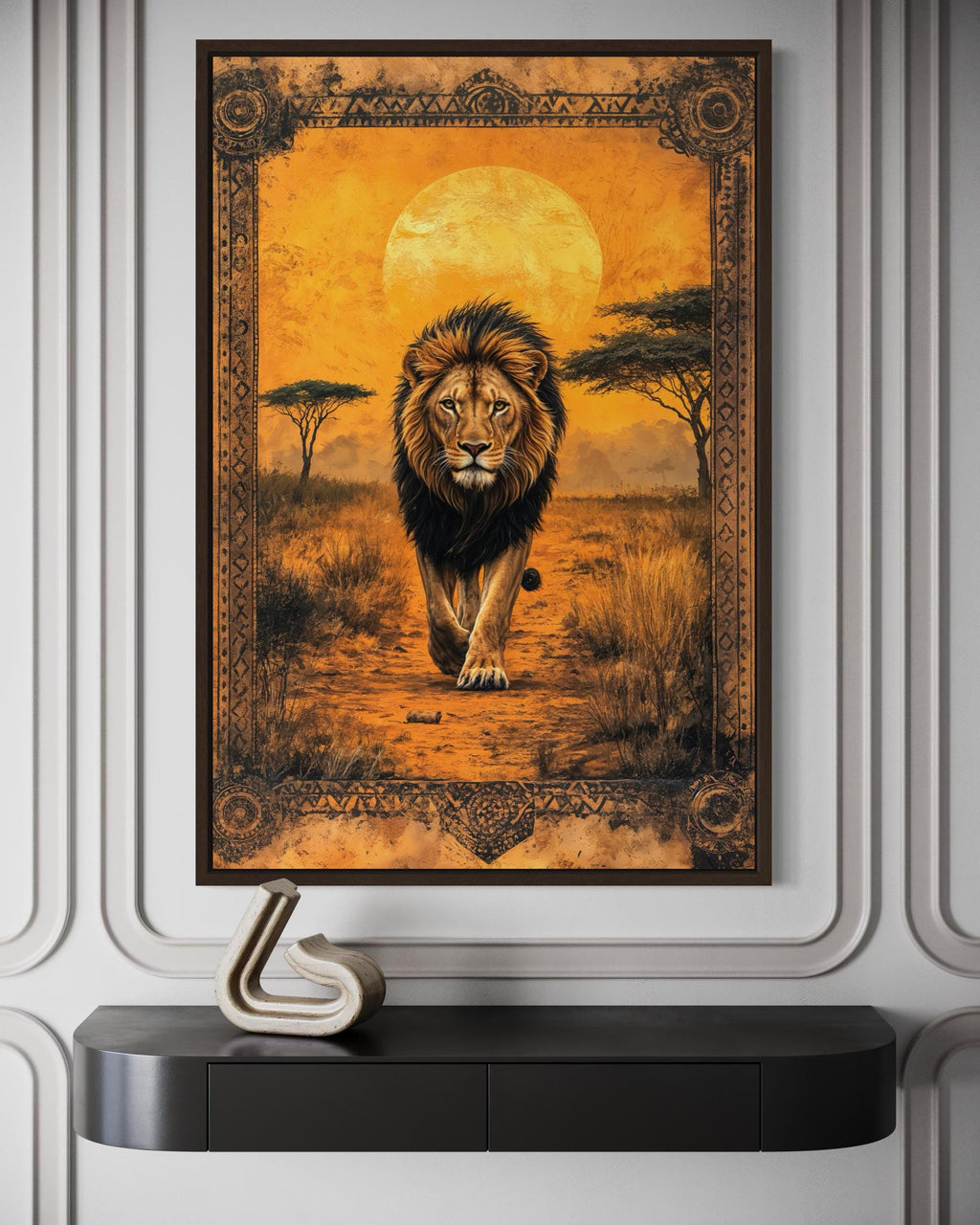 Lion In African Savanna At Sunset Canvas Wall Art