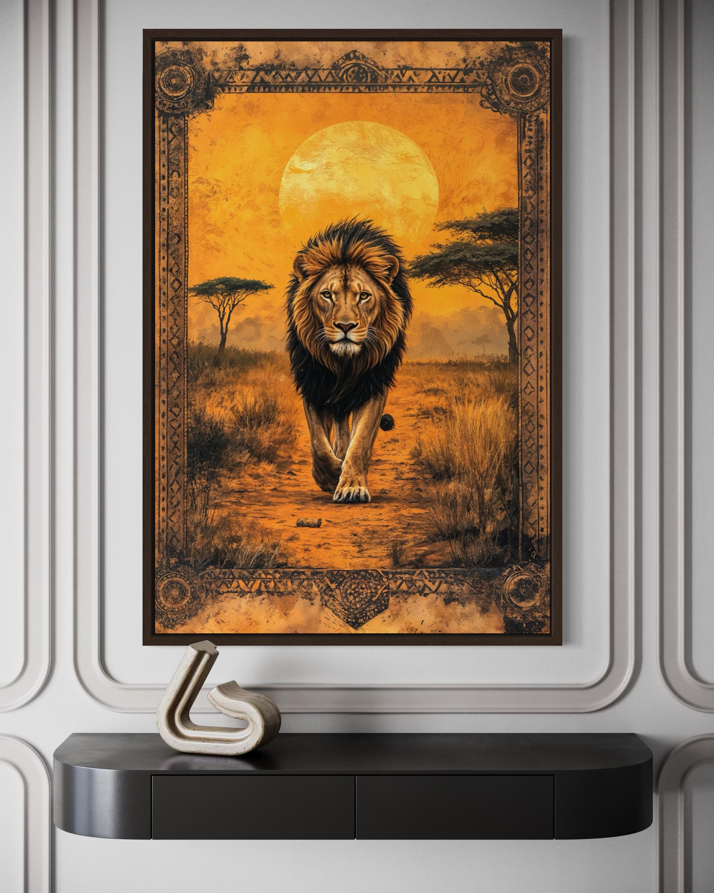 Lion In African Savanna At Sunset Canvas Wall Art
