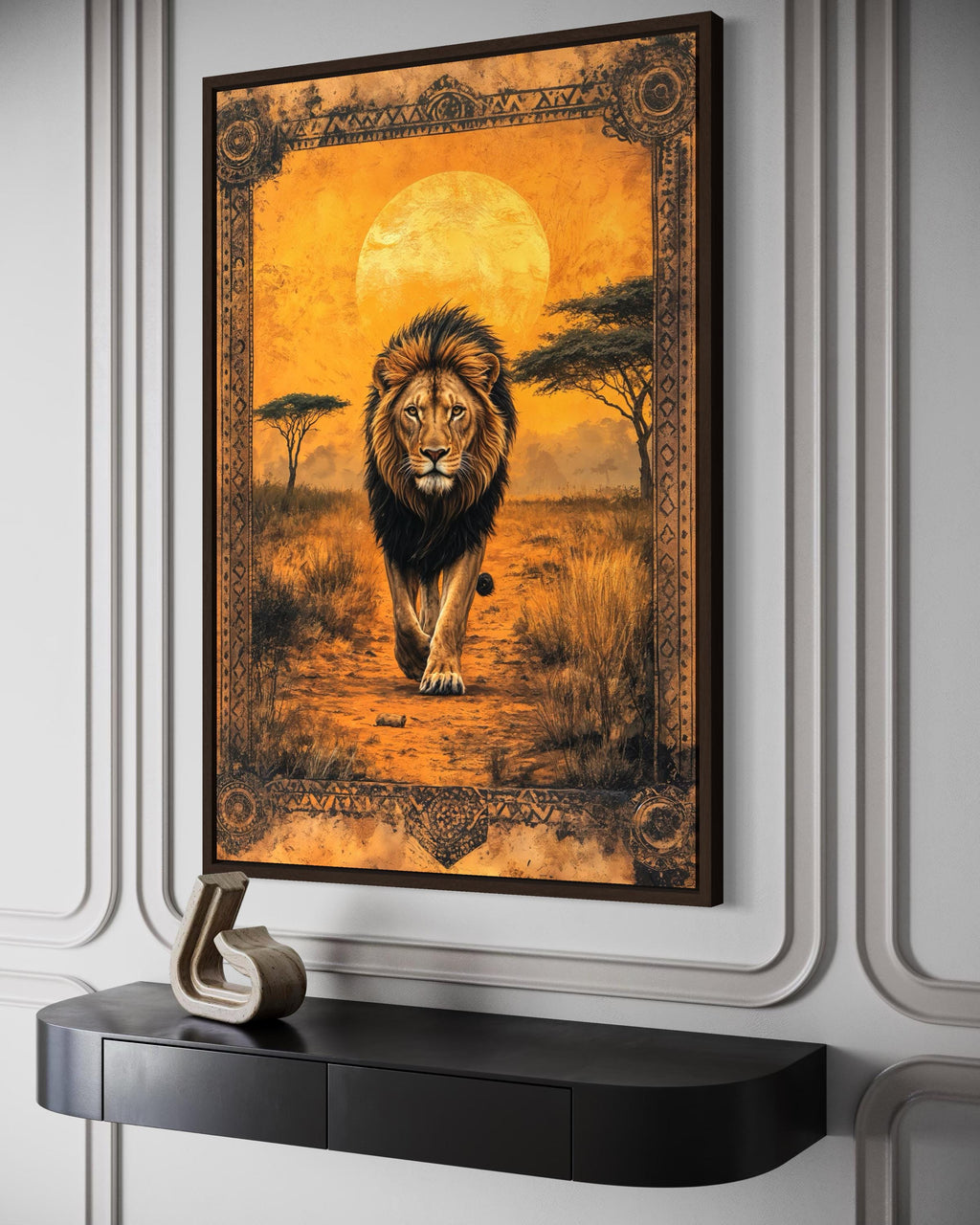 Lion In African Savanna At Sunset Canvas Wall Art