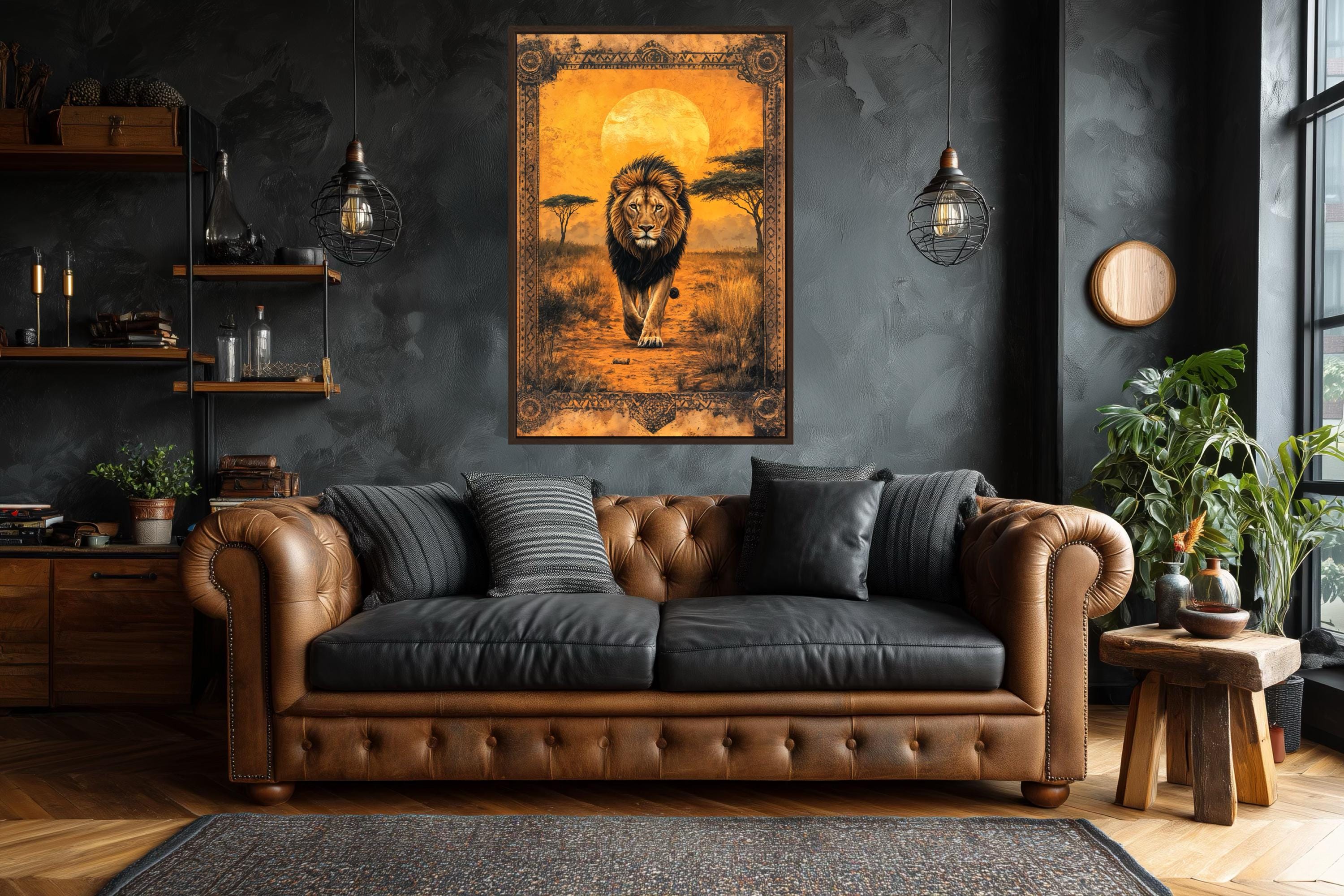 Lion In African Savanna At Sunset Canvas Wall Art