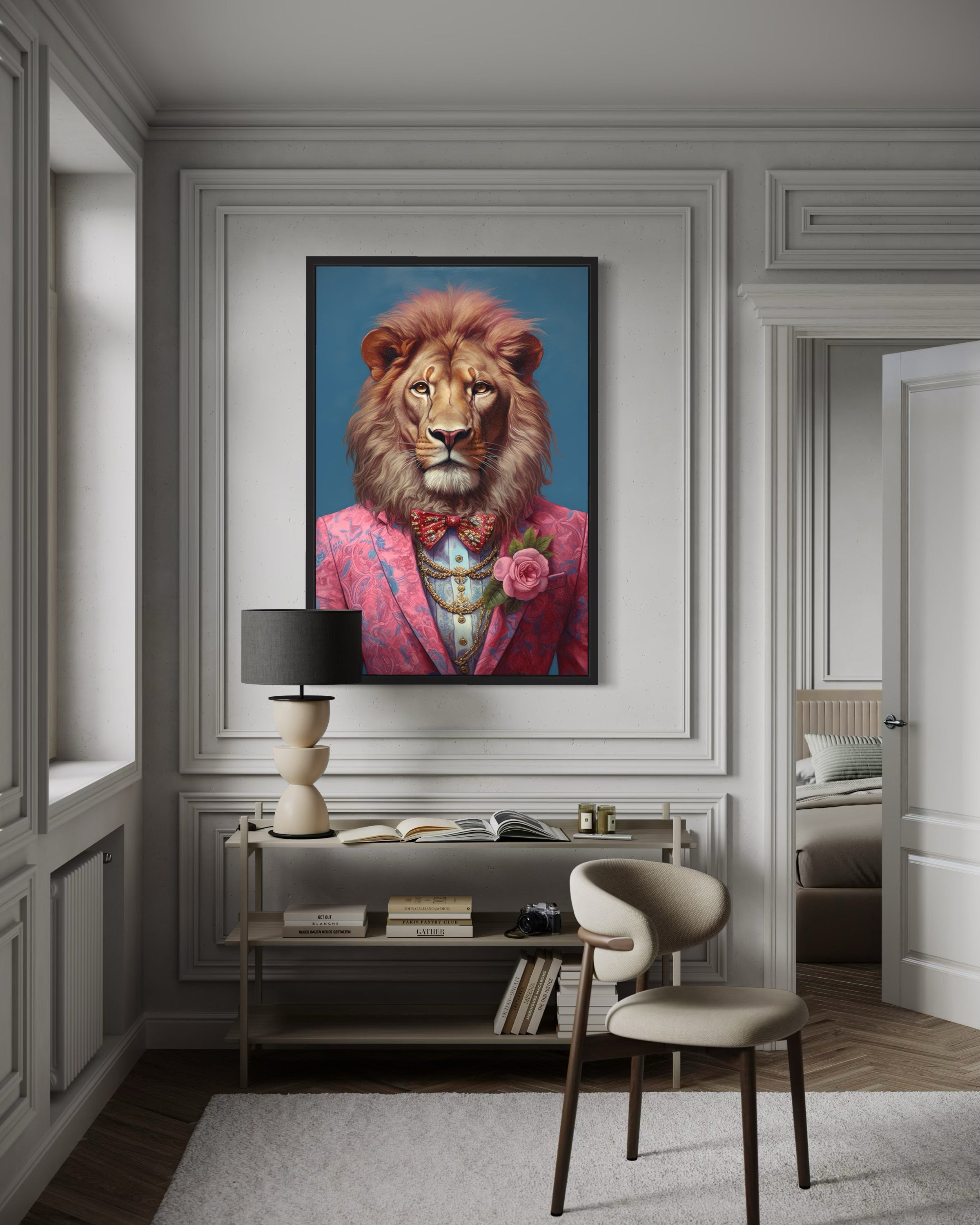 Lion In Pink Suit Maximalist Framed Canvas Wall Art