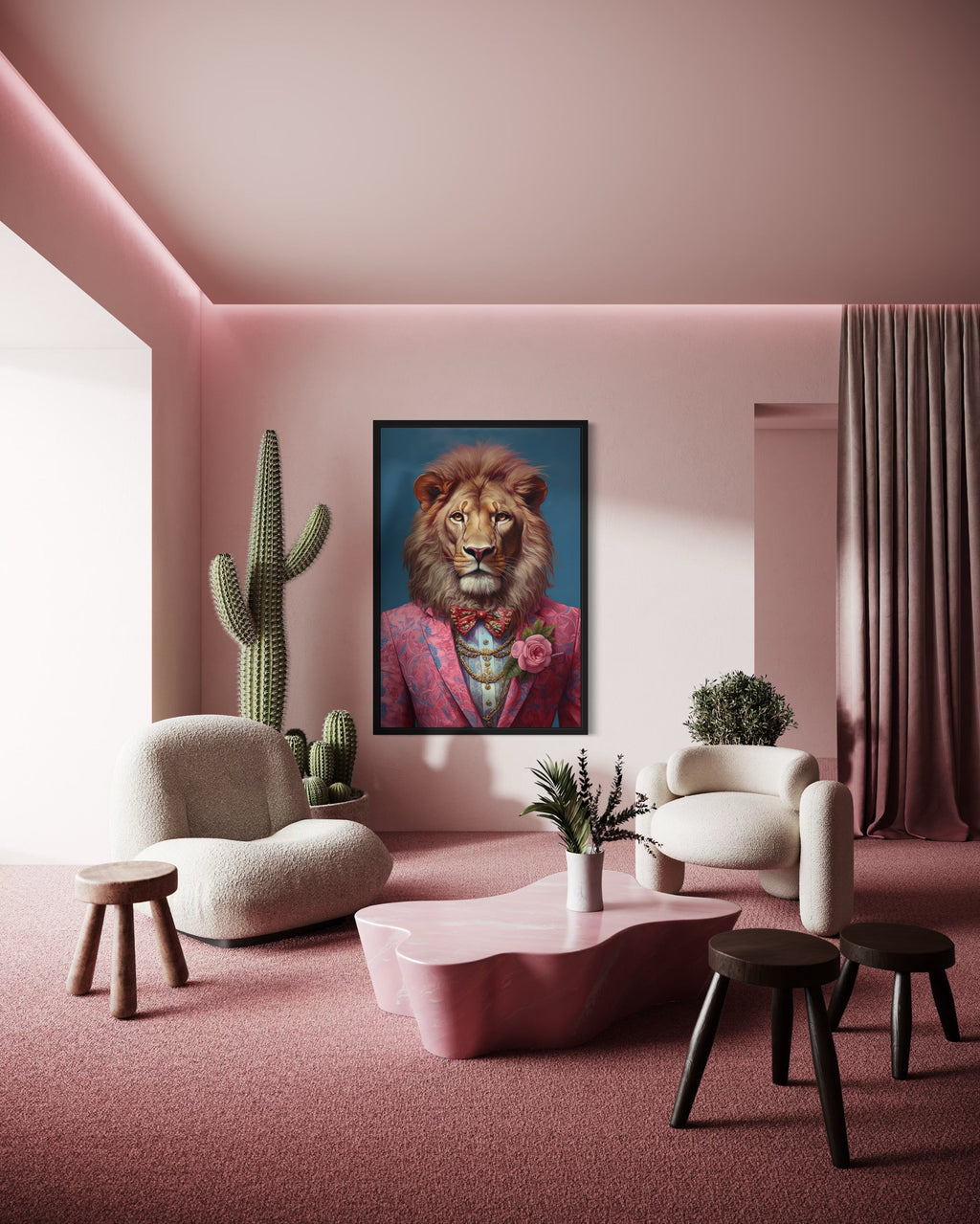 Lion In Pink Suit Maximalist Framed Canvas Wall Art