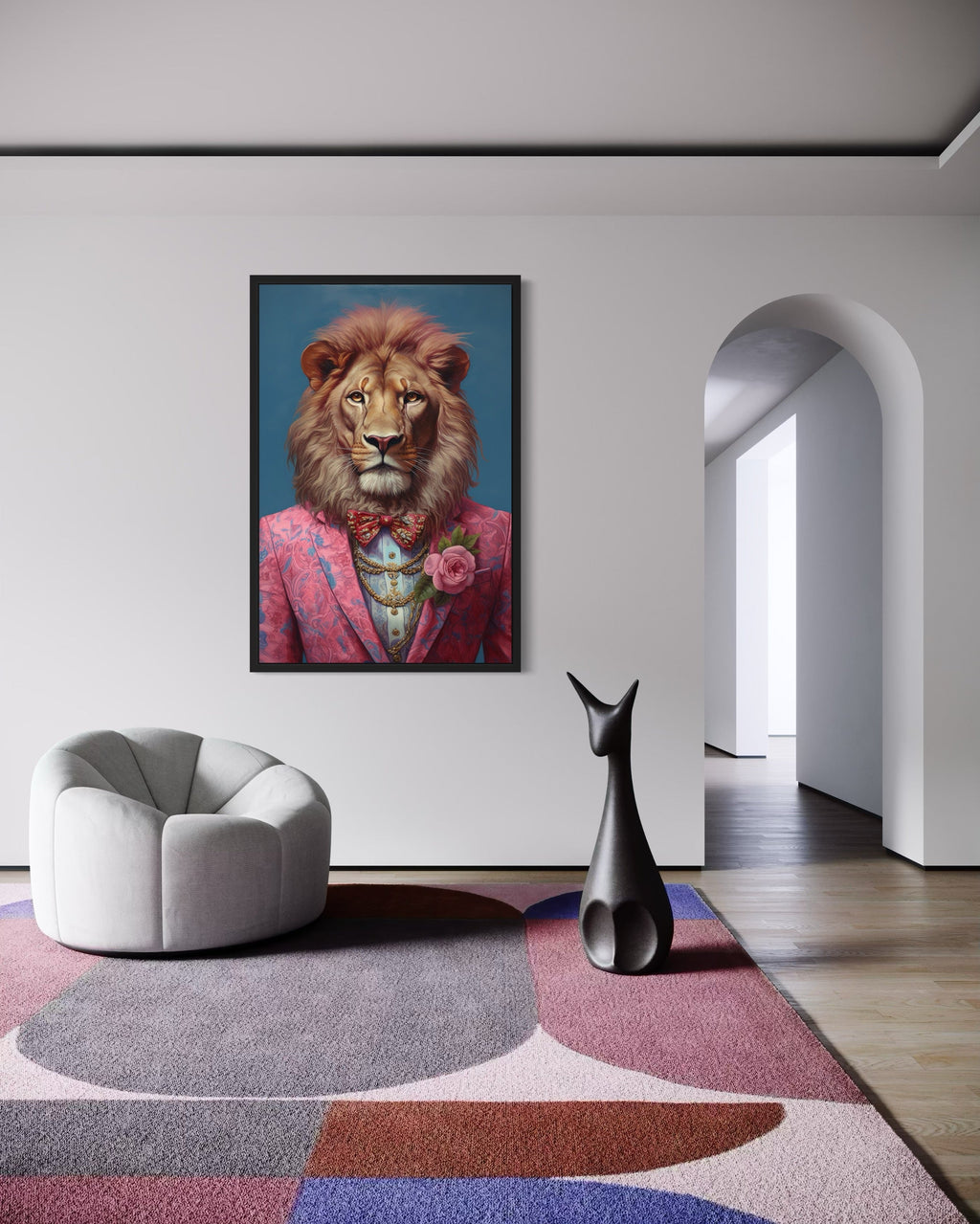 Lion In Pink Suit Maximalist Framed Canvas Wall Art