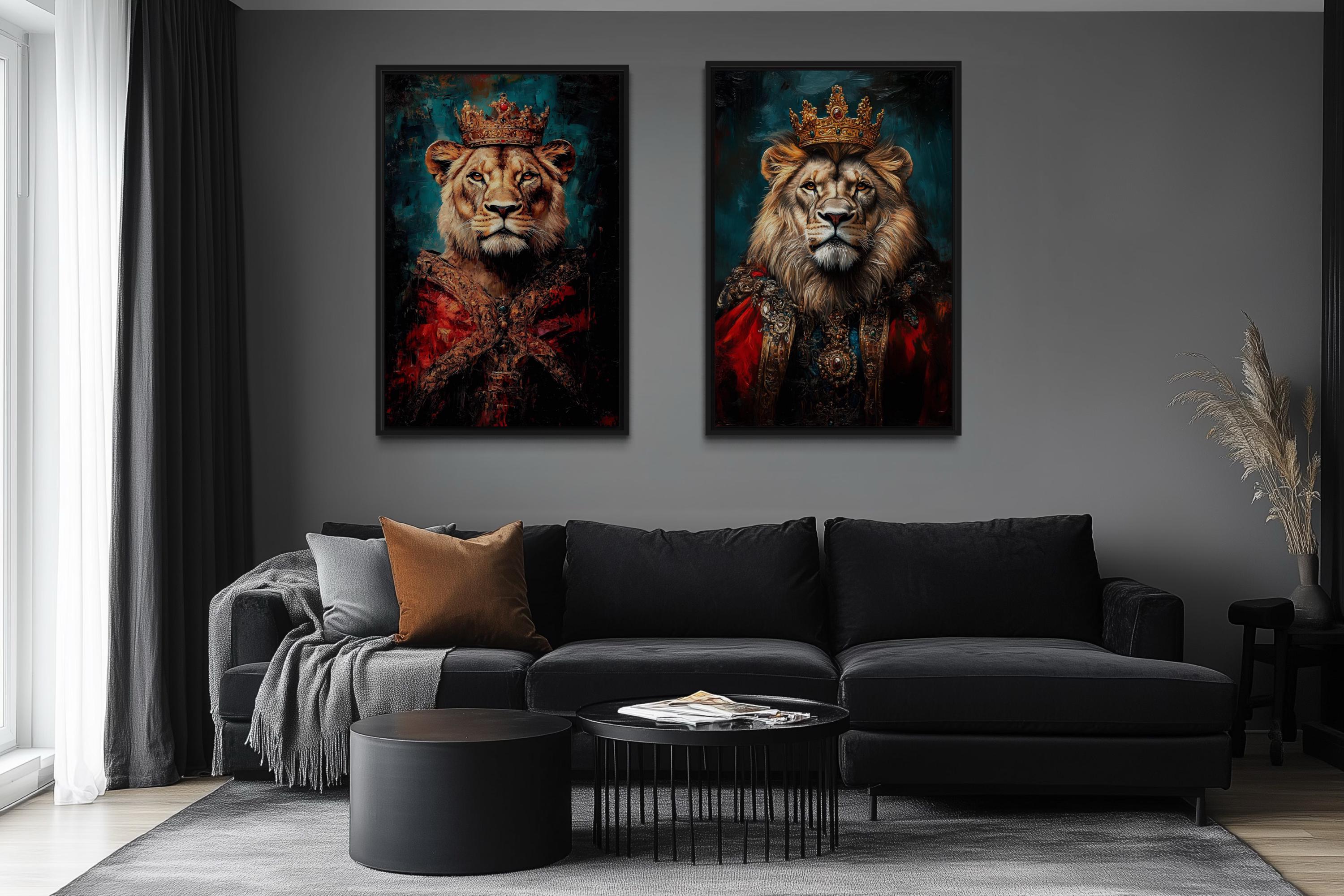 Lion King And Queen Victorian Portrait Set of 2 Wall Art