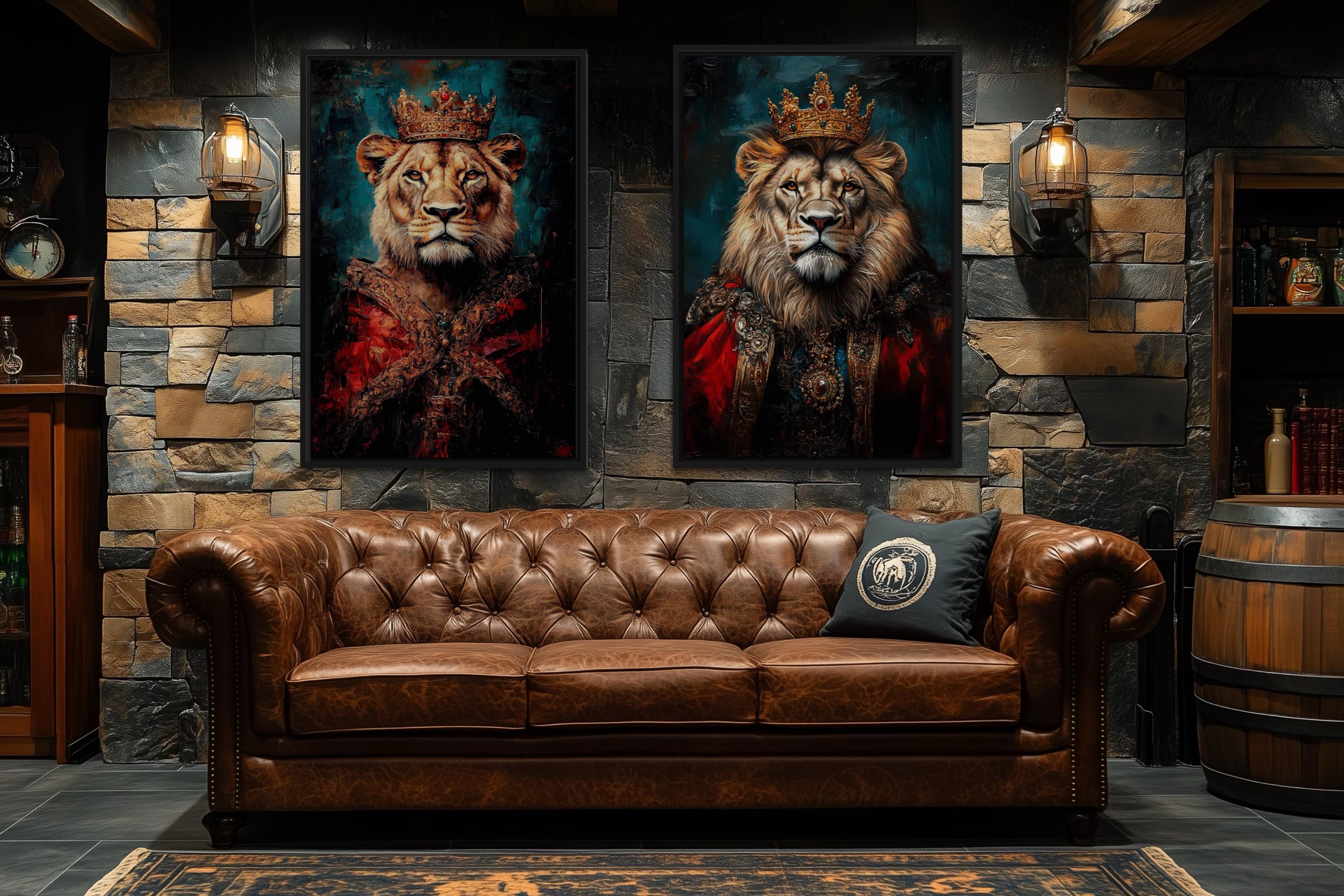 Lion King And Queen Victorian Portrait Set of 2 Wall Art