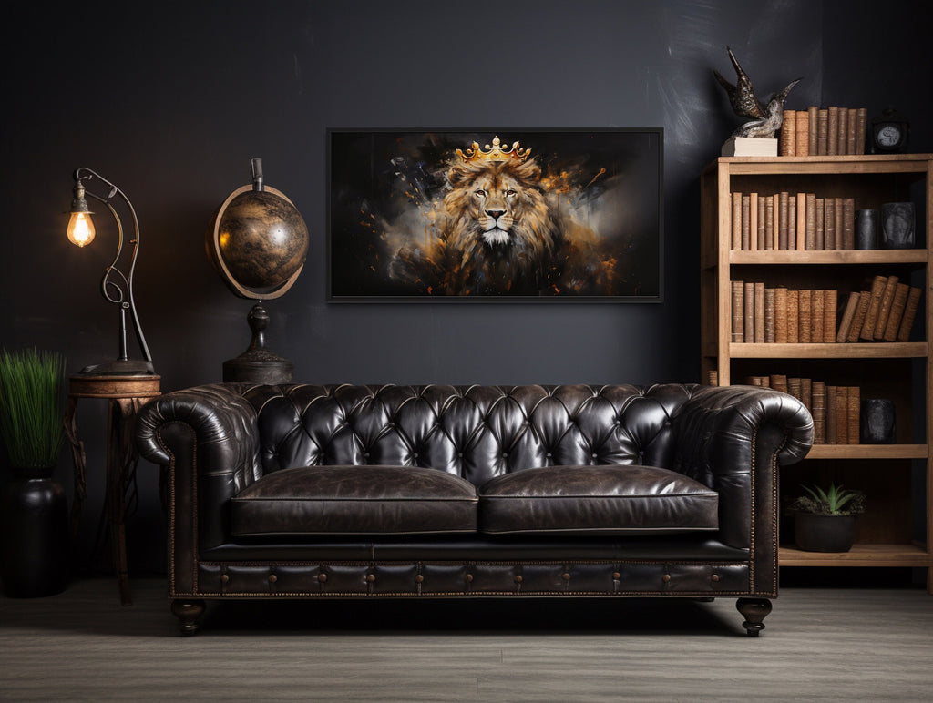 Lion King Wall Art – Regal Lion Canvas Print With Gold Crown For Men's Room Decor