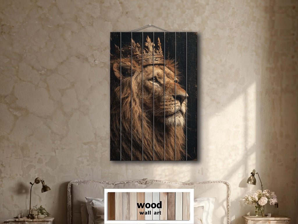 Lion King With Crown Distressed Wood Wall Art  For Masculine Decor