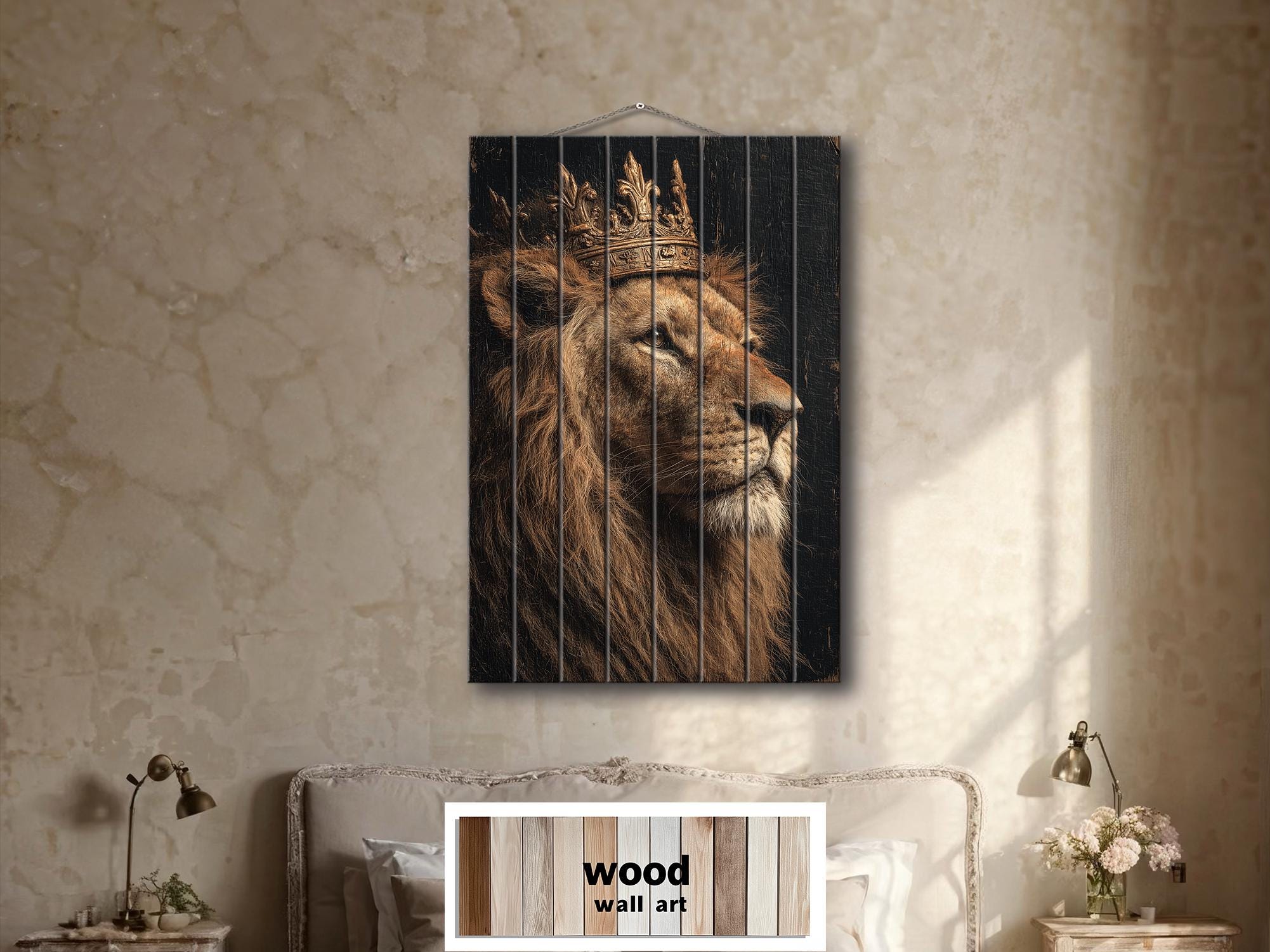 Lion King With Crown Distressed Wood Wall Art  For Masculine Decor