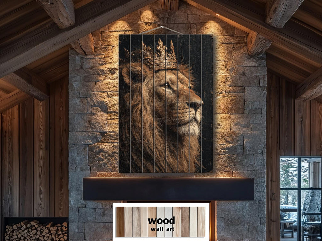 Lion King With Crown Distressed Wood Wall Art  For Masculine Decor
