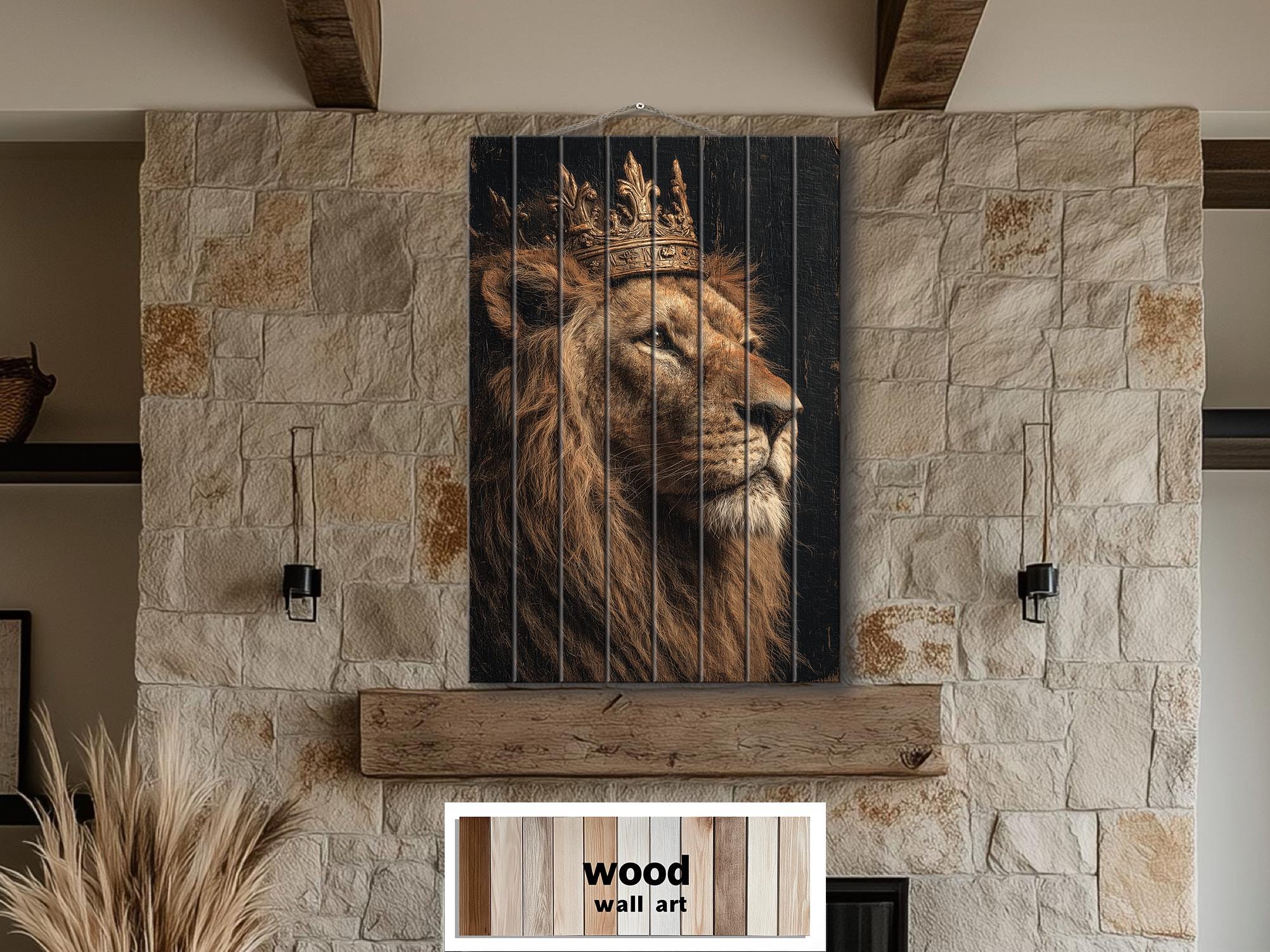 Lion King With Crown Distressed Wood Wall Art  For Masculine Decor
