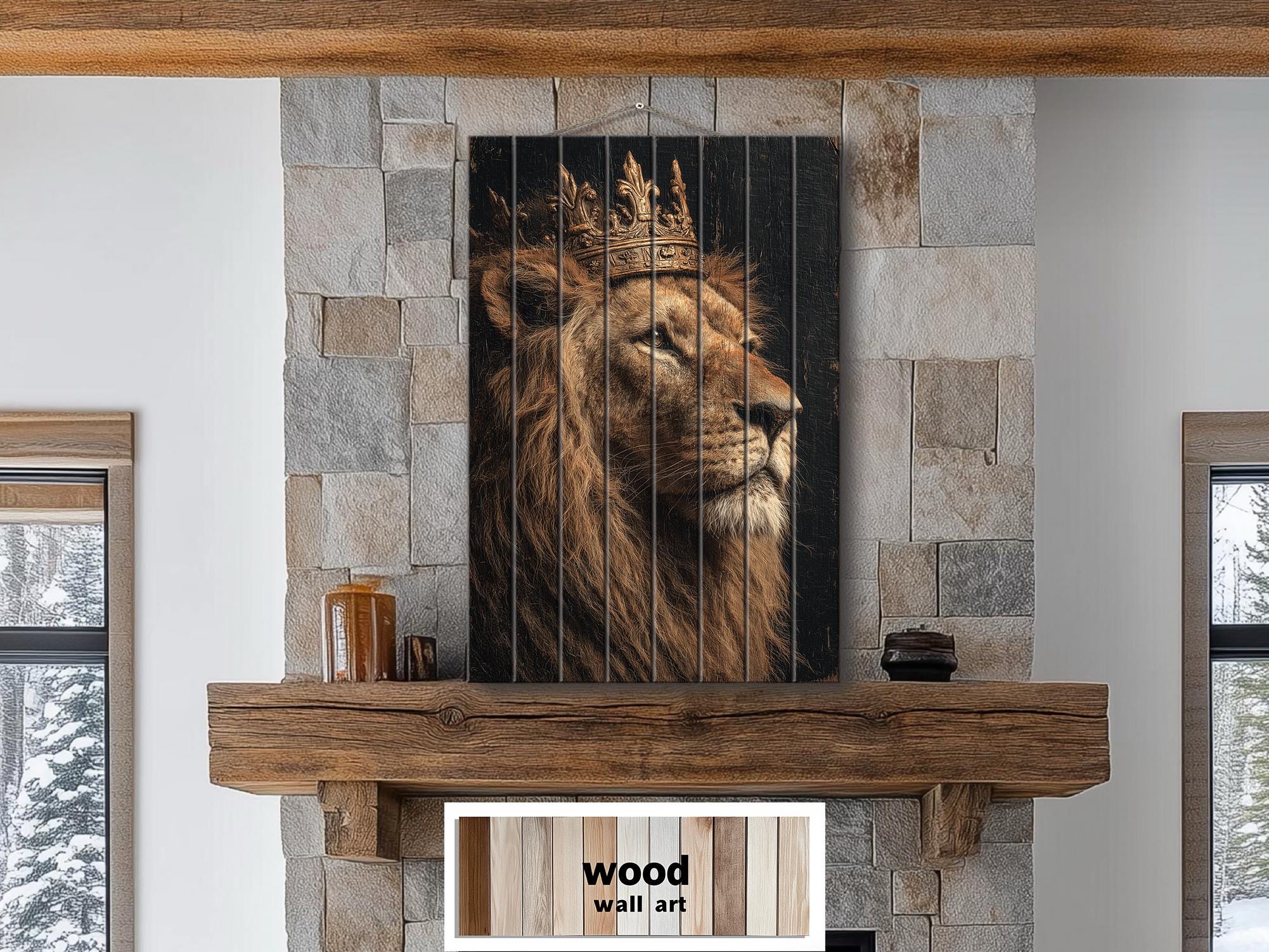 Lion King With Crown Distressed Wood Wall Art  For Masculine Decor