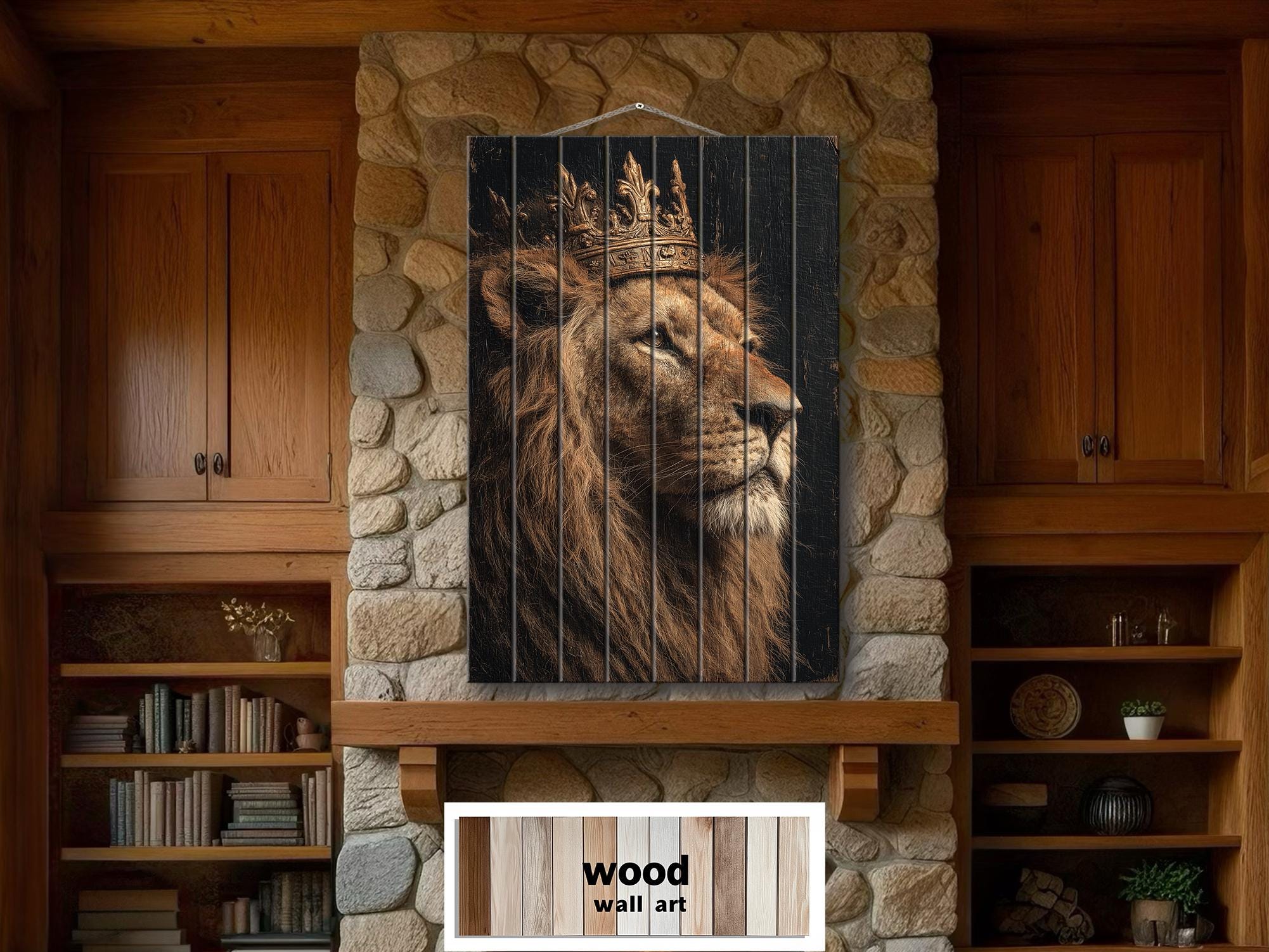 Lion King With Crown Distressed Wood Wall Art  For Masculine Decor