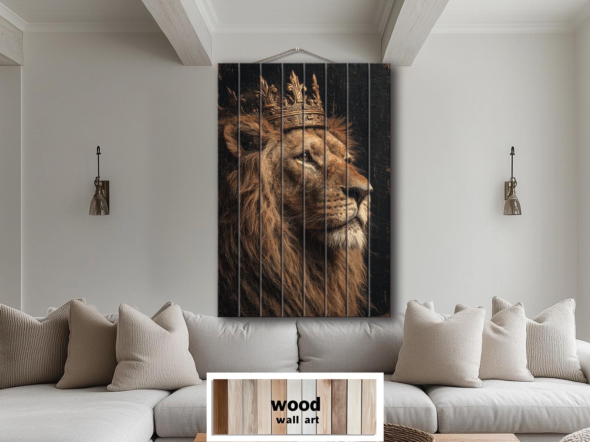 Lion King With Crown Distressed Wood Wall Art  For Masculine Decor
