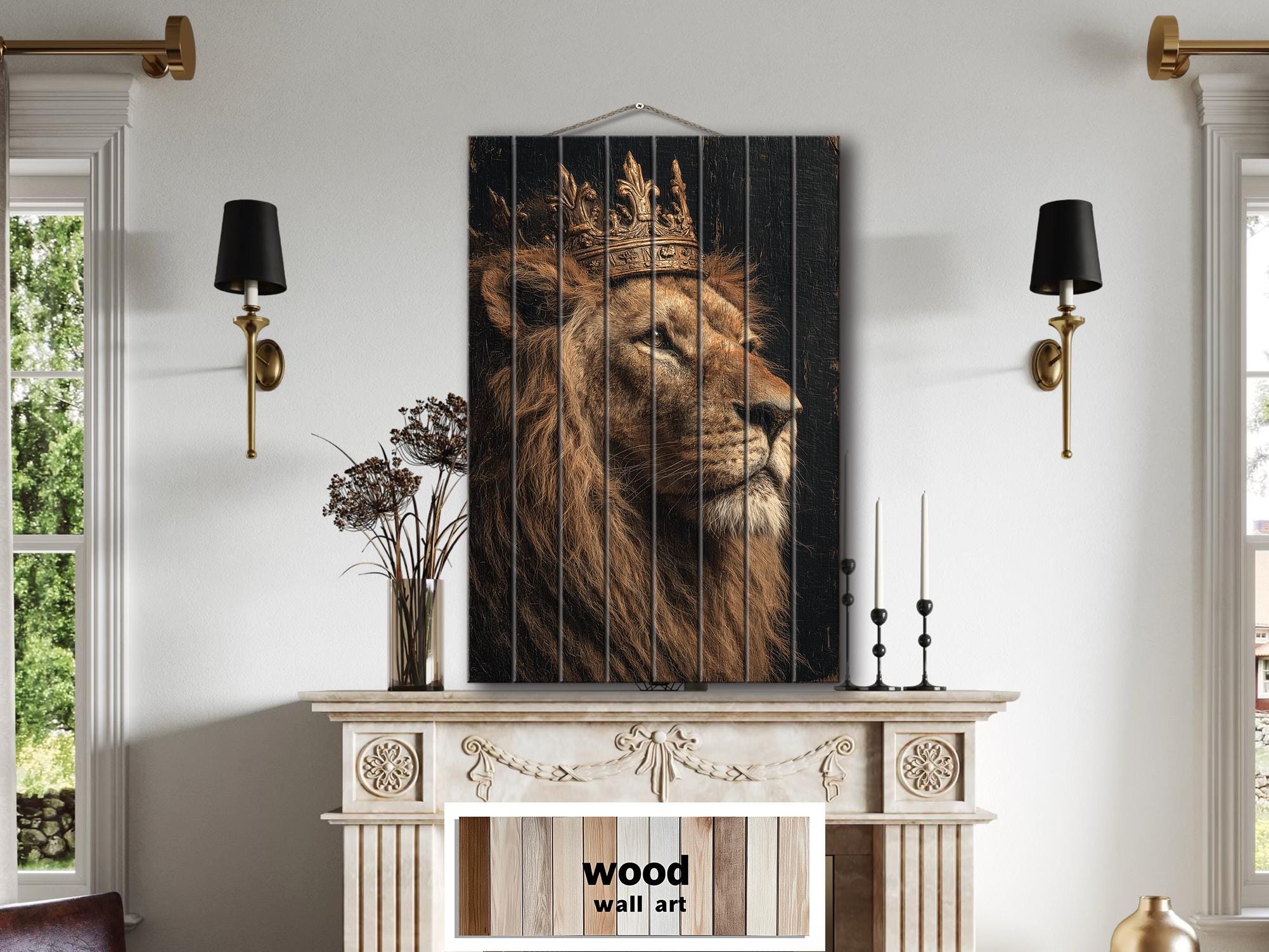 Lion King With Crown Distressed Wood Wall Art  For Masculine Decor
